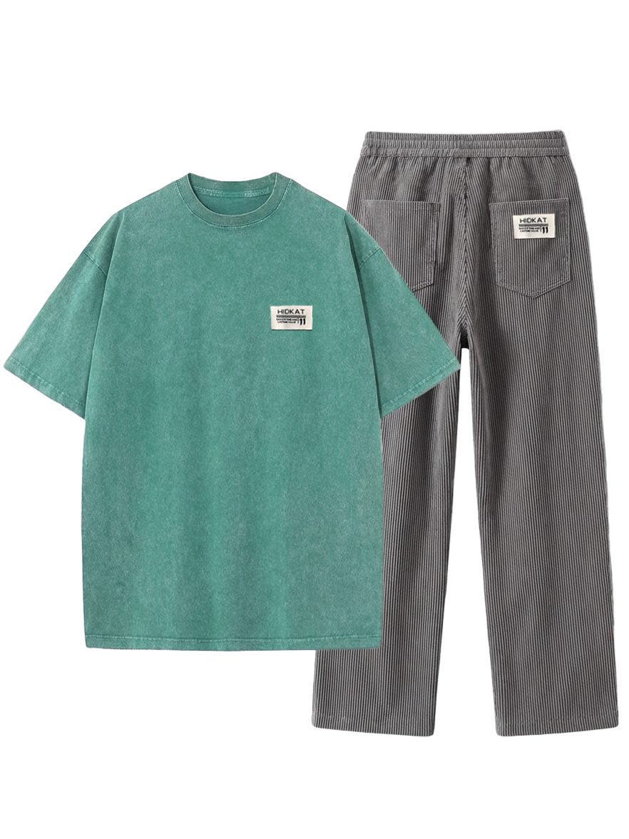 Men's Vintage Washed And Distressed Pure Cotton T-shirt And Corduroy Trousers Set OOTD