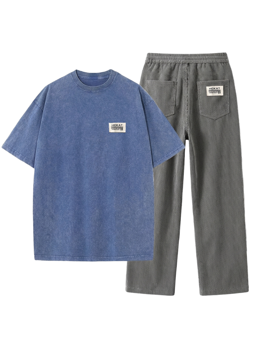 Men's Vintage Washed And Distressed Pure Cotton T-shirt And Corduroy Trousers Set OOTD