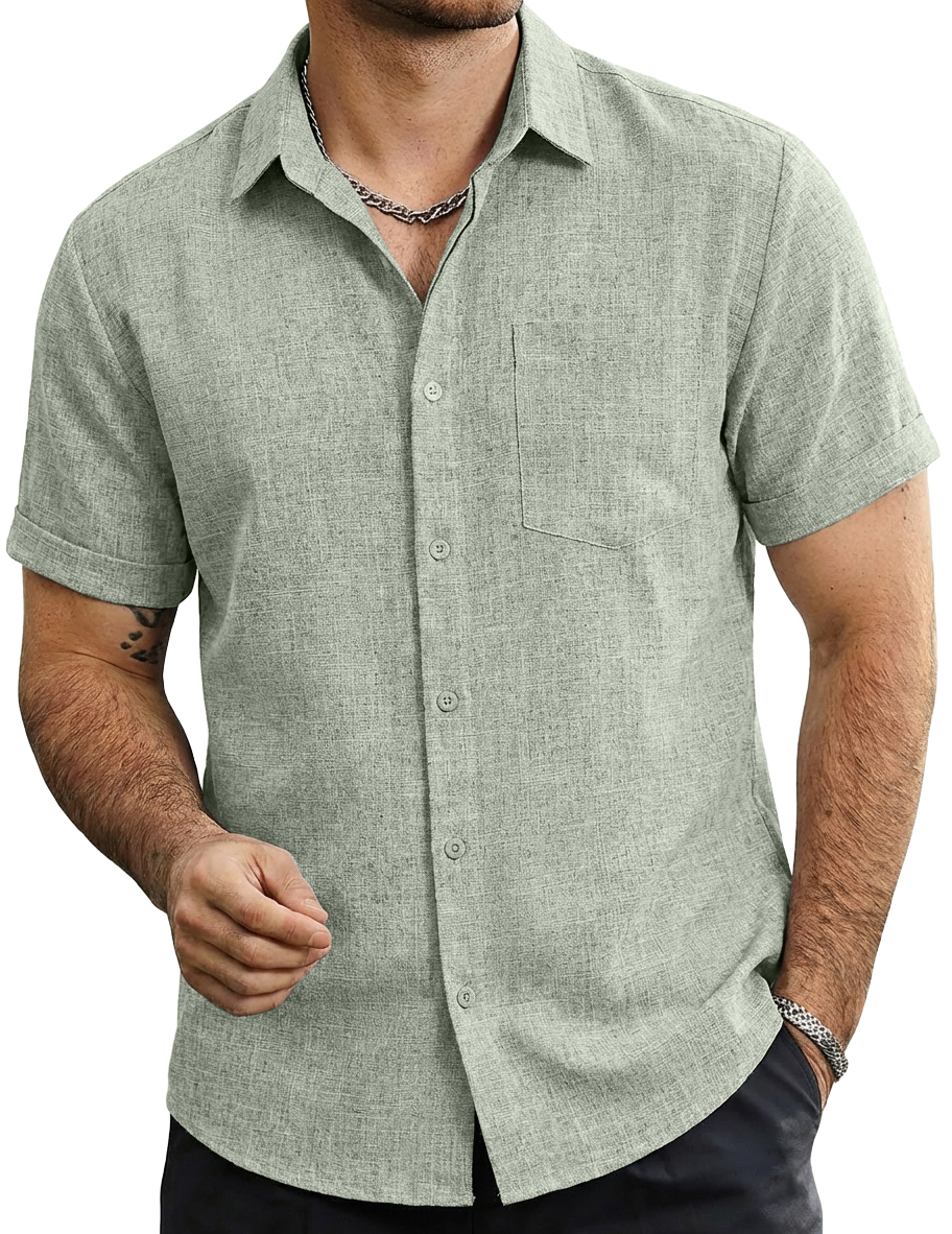 Men's Cotton-Linen Striped Casual Short-Sleeve Shirt
