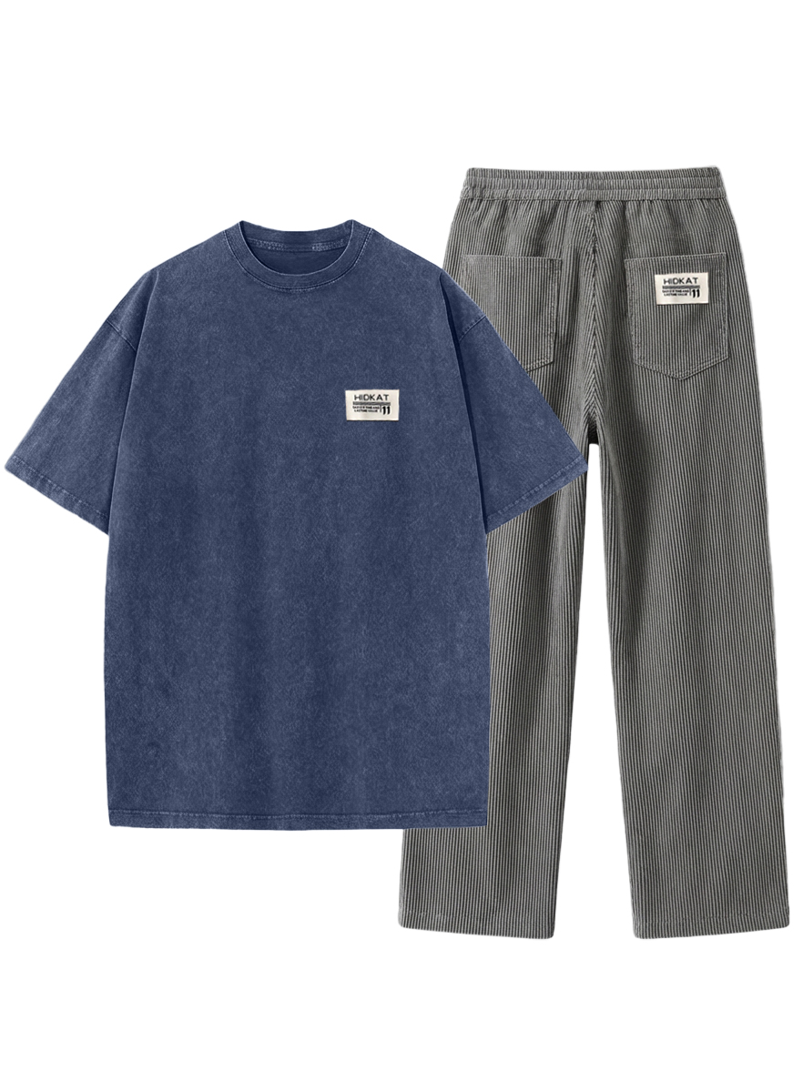 Men's Vintage Washed And Distressed Pure Cotton T-shirt And Corduroy Trousers Set OOTD
