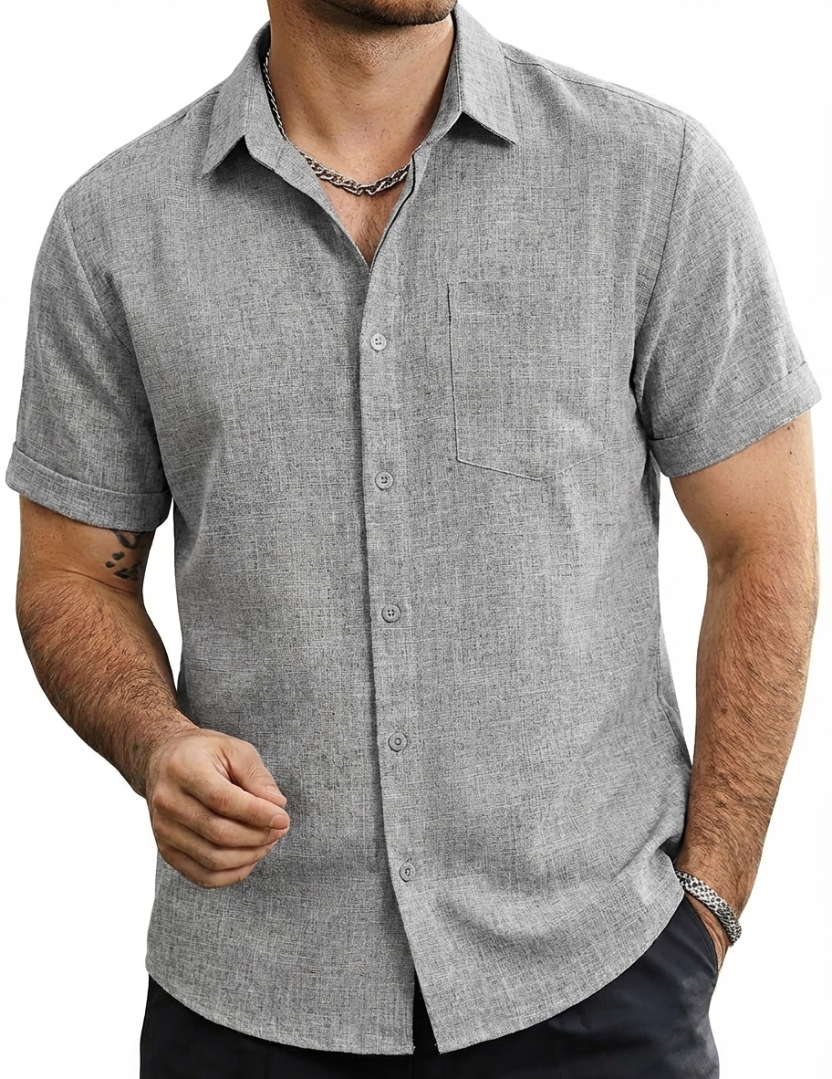 Men's Cotton-Linen Striped Casual Short-Sleeve Shirt
