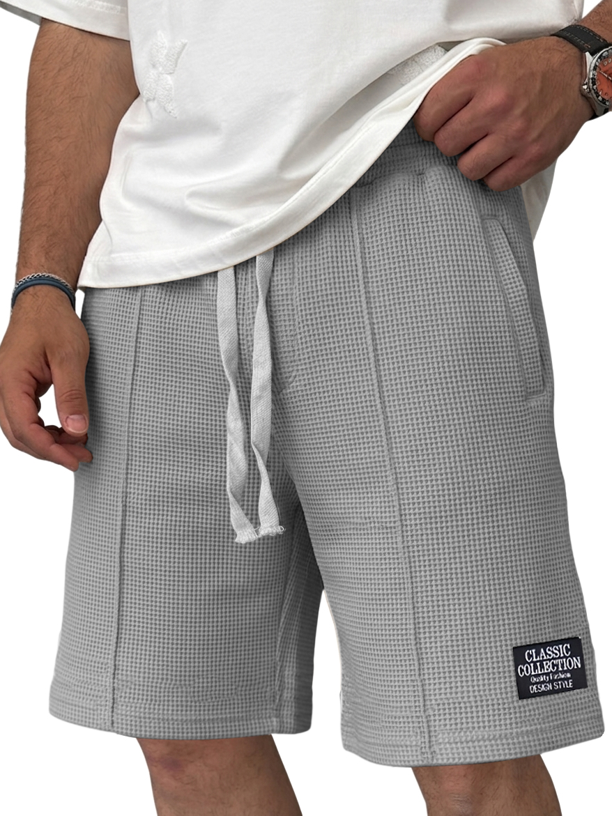 Men's Waffle Knit Casual Drawstring Elastic Waist Embroidered Logo Shorts