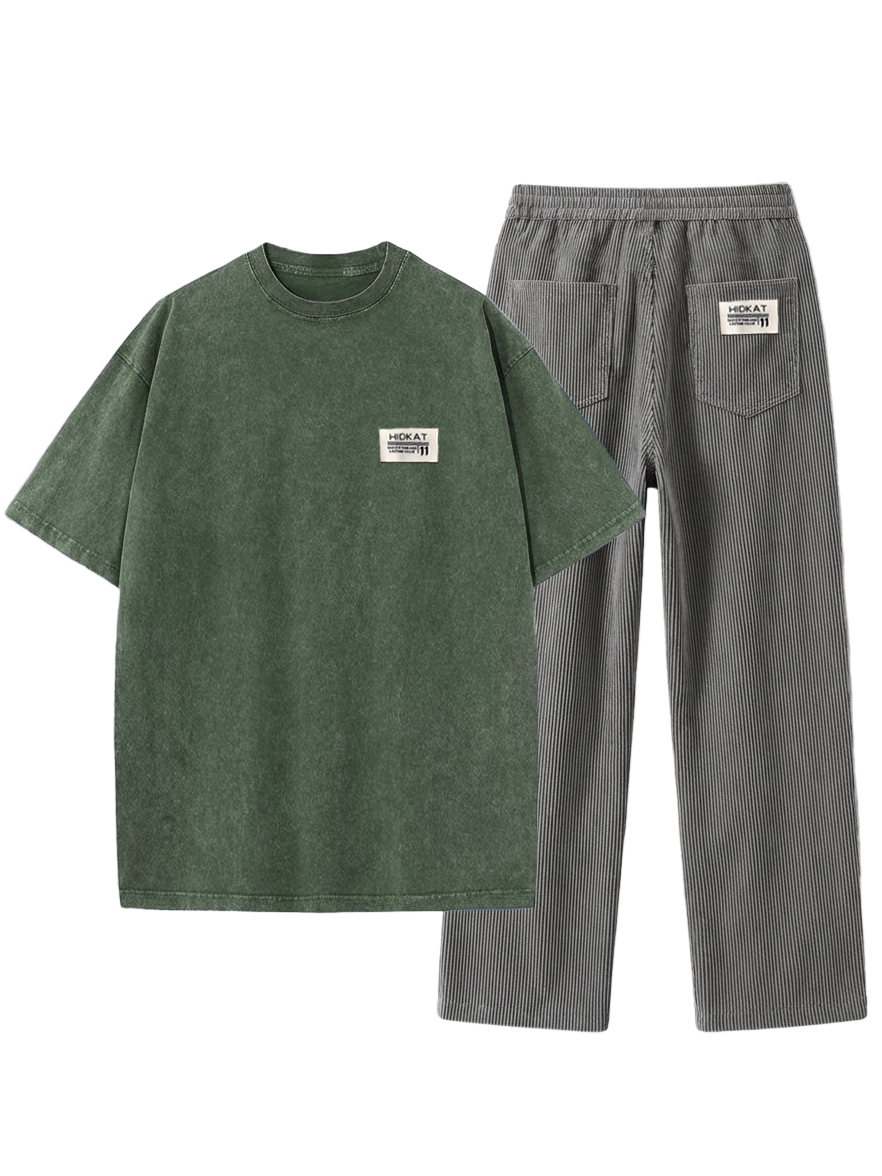 Men's Vintage Washed And Distressed Pure Cotton T-shirt And Corduroy Trousers Set OOTD
