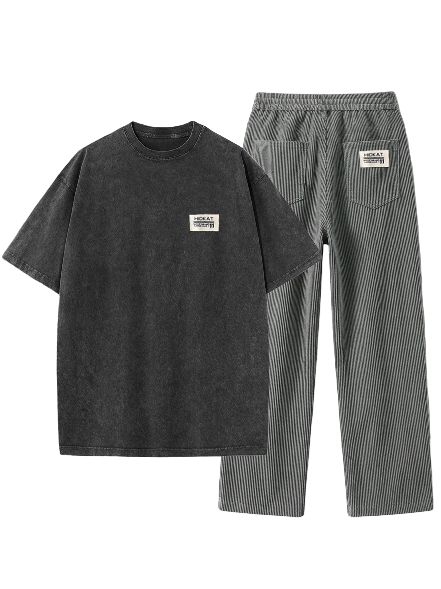 Men's Vintage Washed And Distressed Pure Cotton T-shirt And Corduroy Trousers Set OOTD