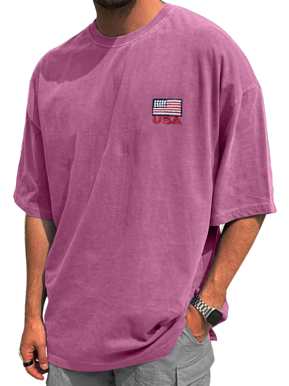 Men's Vintage Washed & Distressed Crew-Neck T-Shirt with "USA" Print