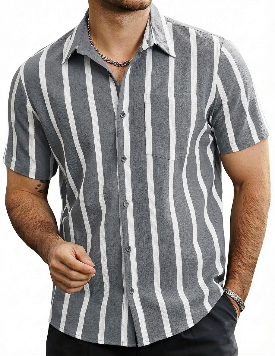 Men's Cotton-Linen Striped Casual Short-Sleeve Shirt