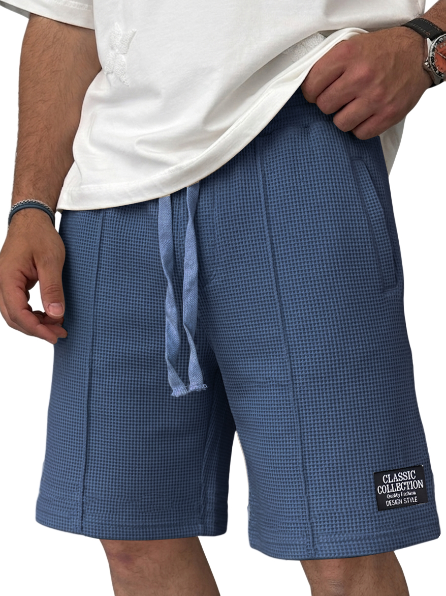Men's Waffle Knit Casual Drawstring Elastic Waist Embroidered Logo Shorts