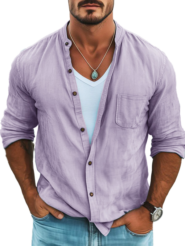 Men's Fashionable Daily Casual Standing Collar Pocket Loose Long-sleeved Shirt