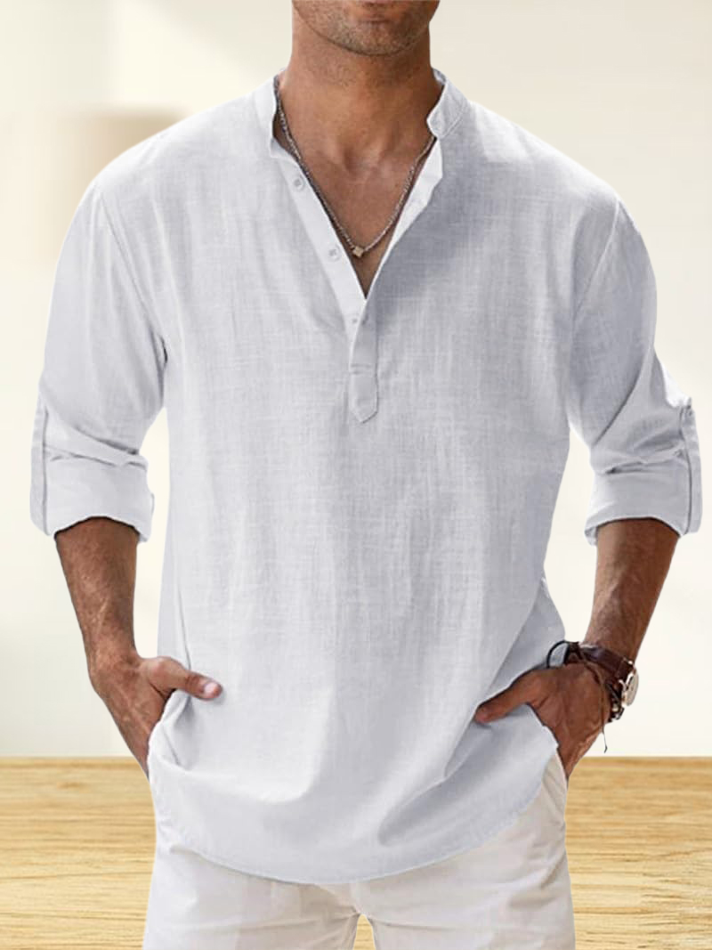 Men's Cotton And Linen Stand Collar Basic Casual Long-Sleeved Shirt