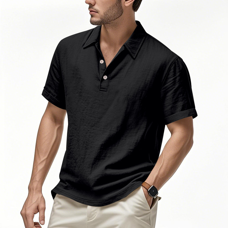 Men's Summer British-Style Solid Color Casual Button-Down Loose-Fit Linen Polo Shirt with Spread Collar and Short Sleeves