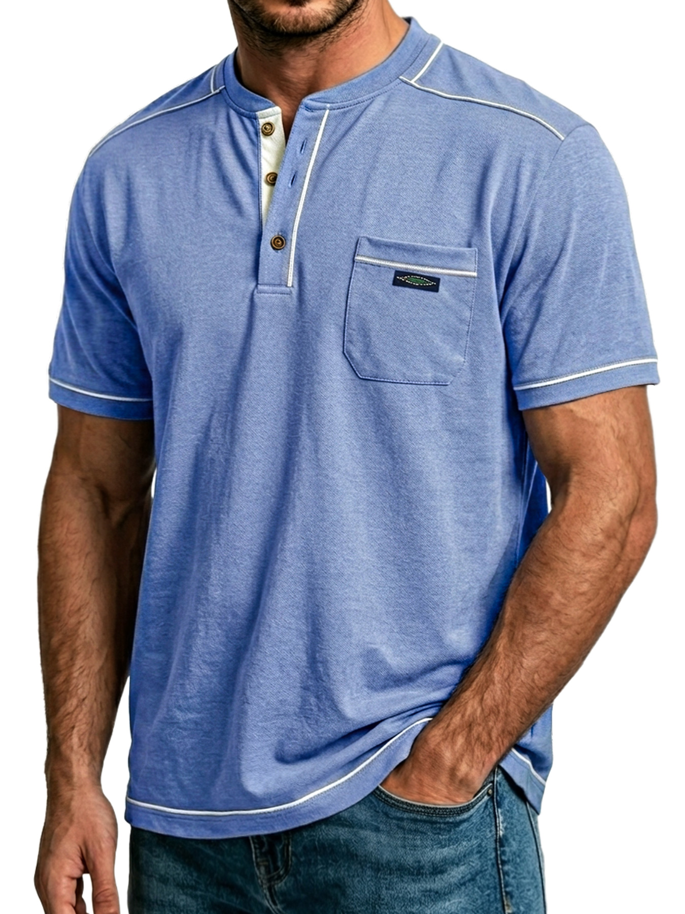 Men's Everyday Pocket Embroidered Label Casual Short-sleeved Henley Shirt