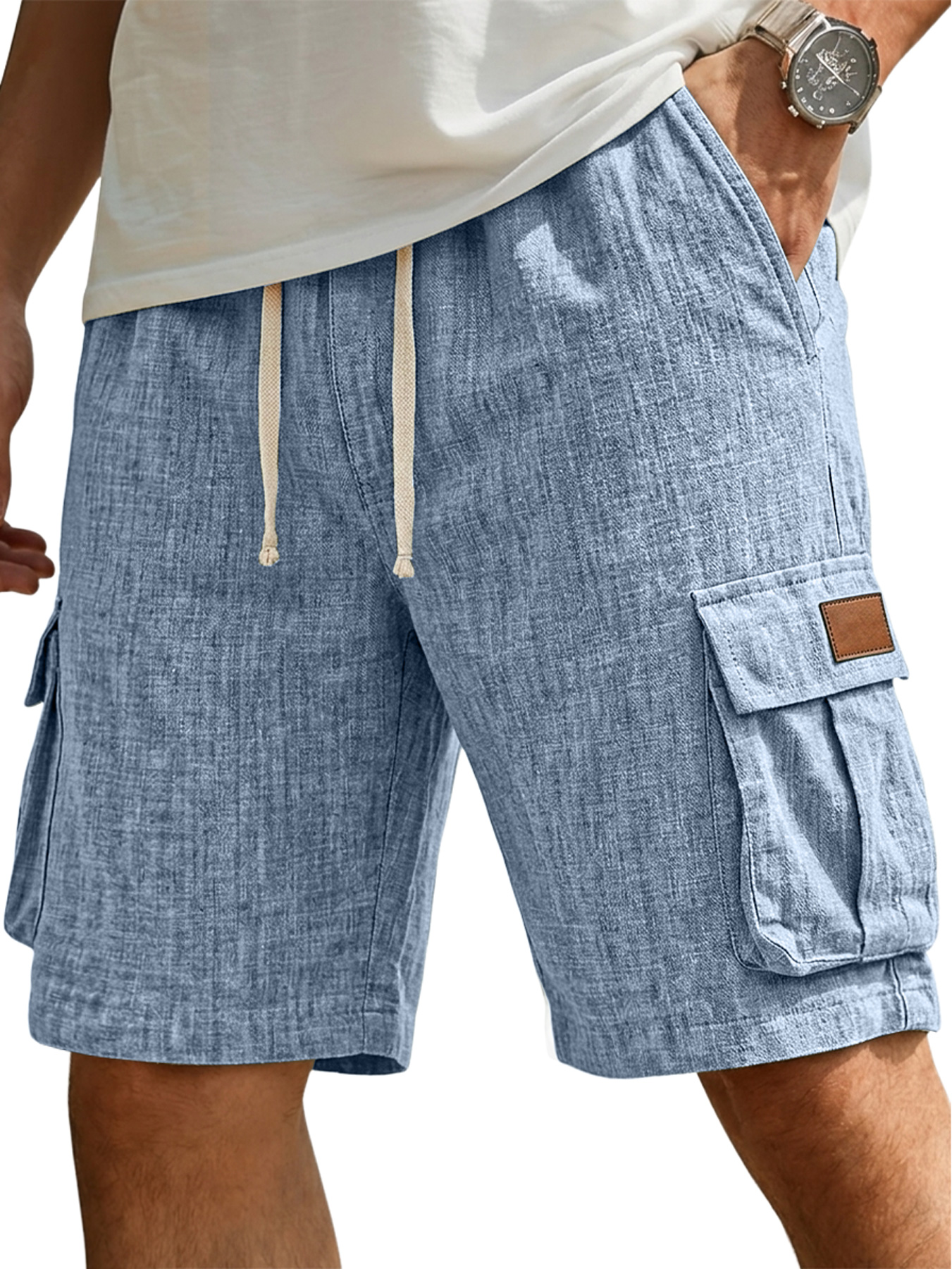 Men's Casual Linen Multi-Pocket Embroidered Logo Cargo Shorts