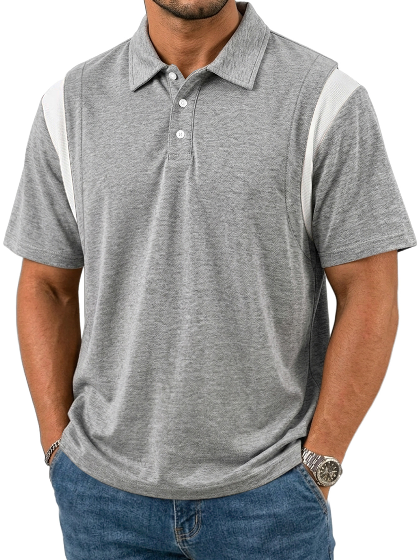 Men's Patchwork Design Collared Button Casual Short-sleeved Polo Shirt