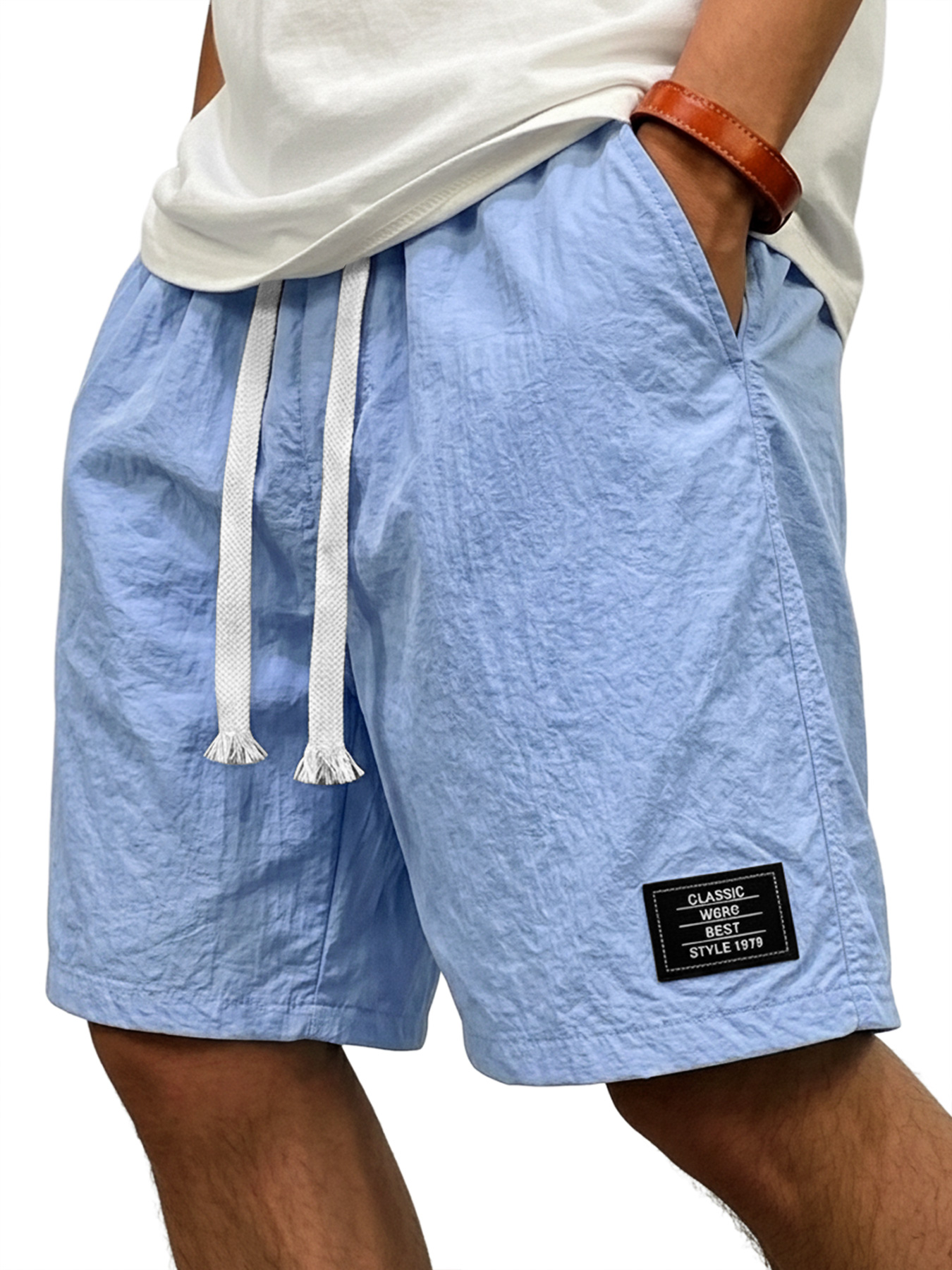 Men's Casual Ice Silk Embroidered Logo Elastic Waist Loose Shorts