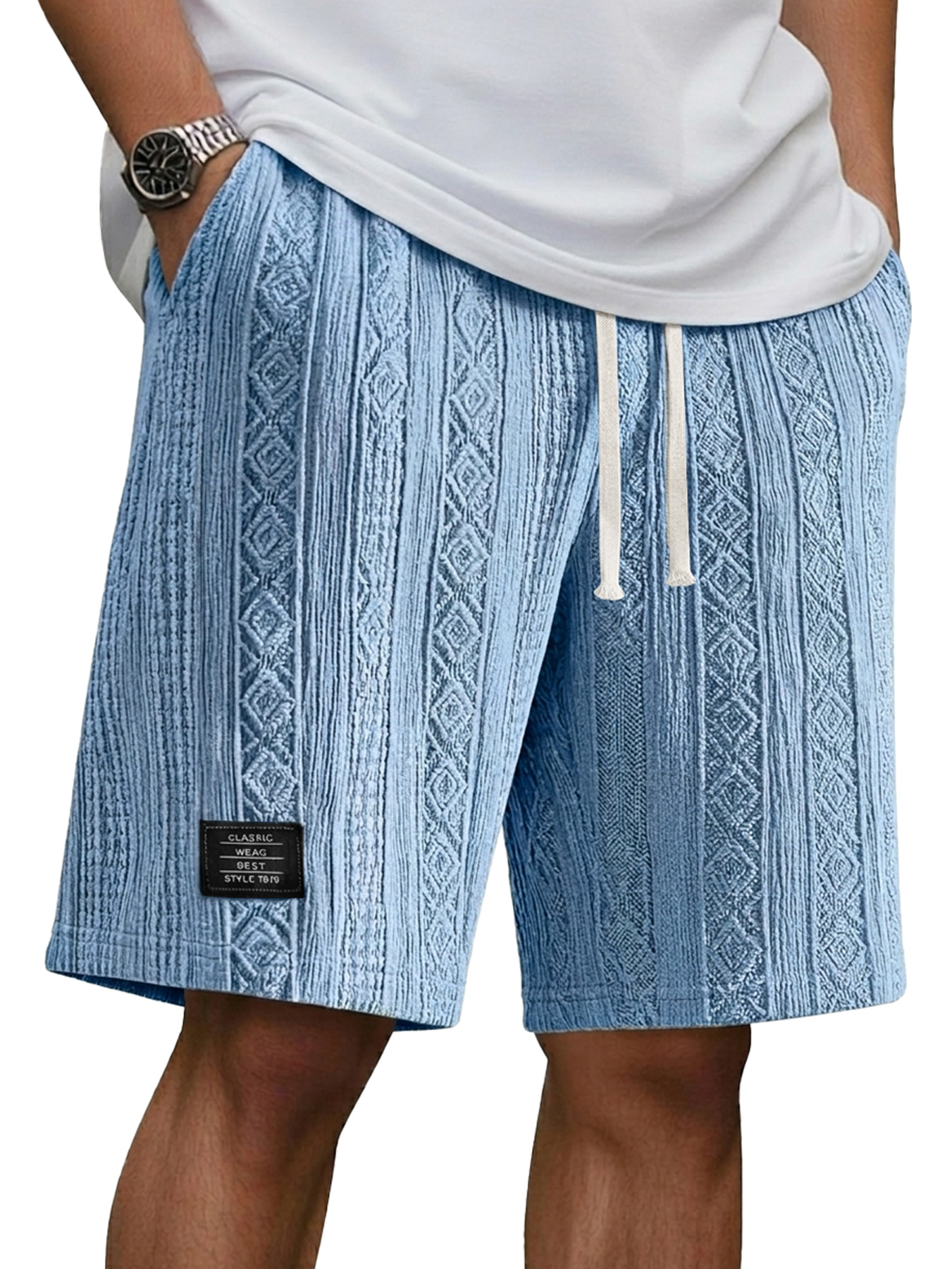 Men's Jacquard Casual Embroidered Logo Elastic Waist Solid Color Shorts