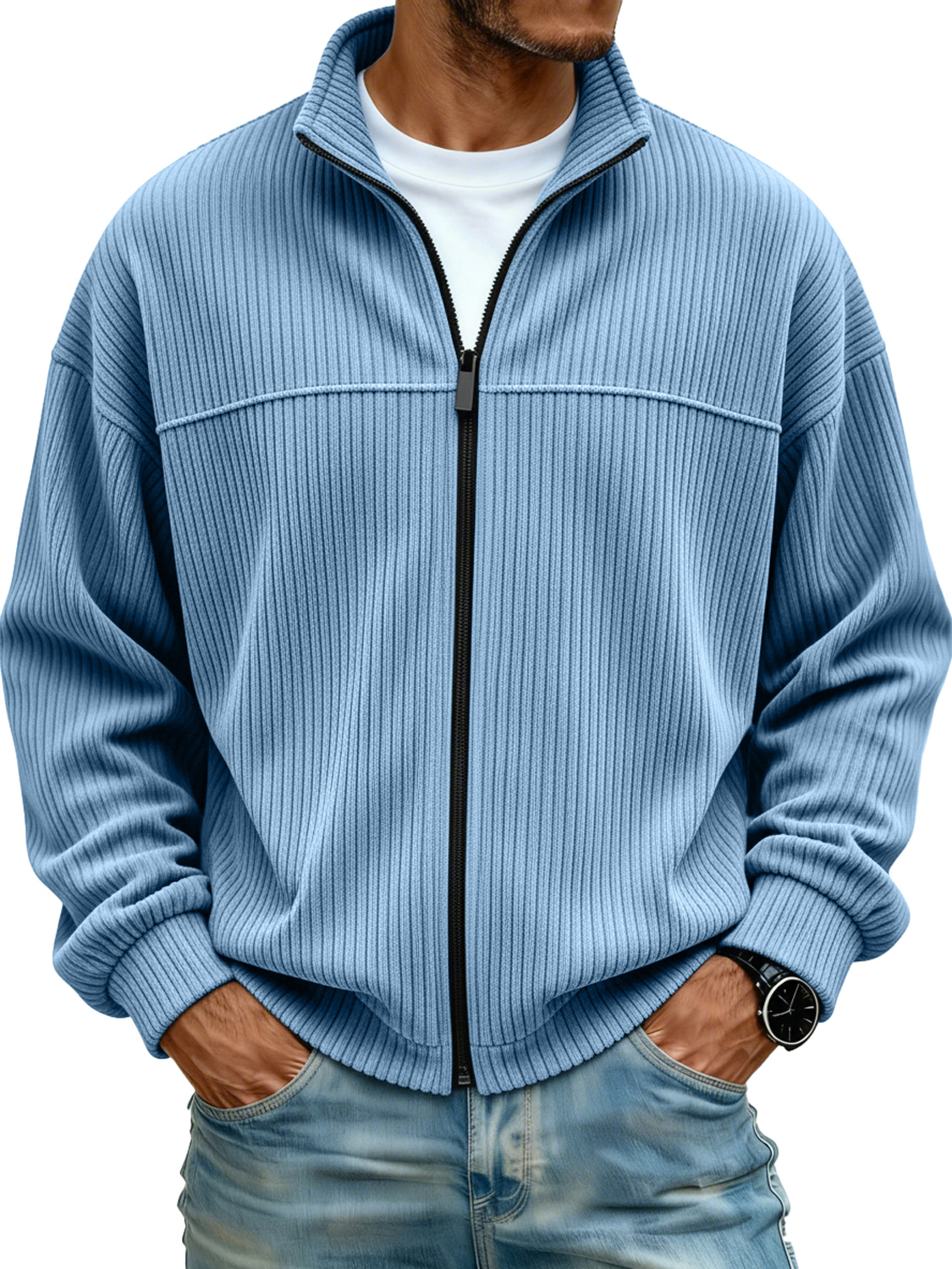 Men's Simple Stand Collar Ribbed Casual Loose-fitting Jacket