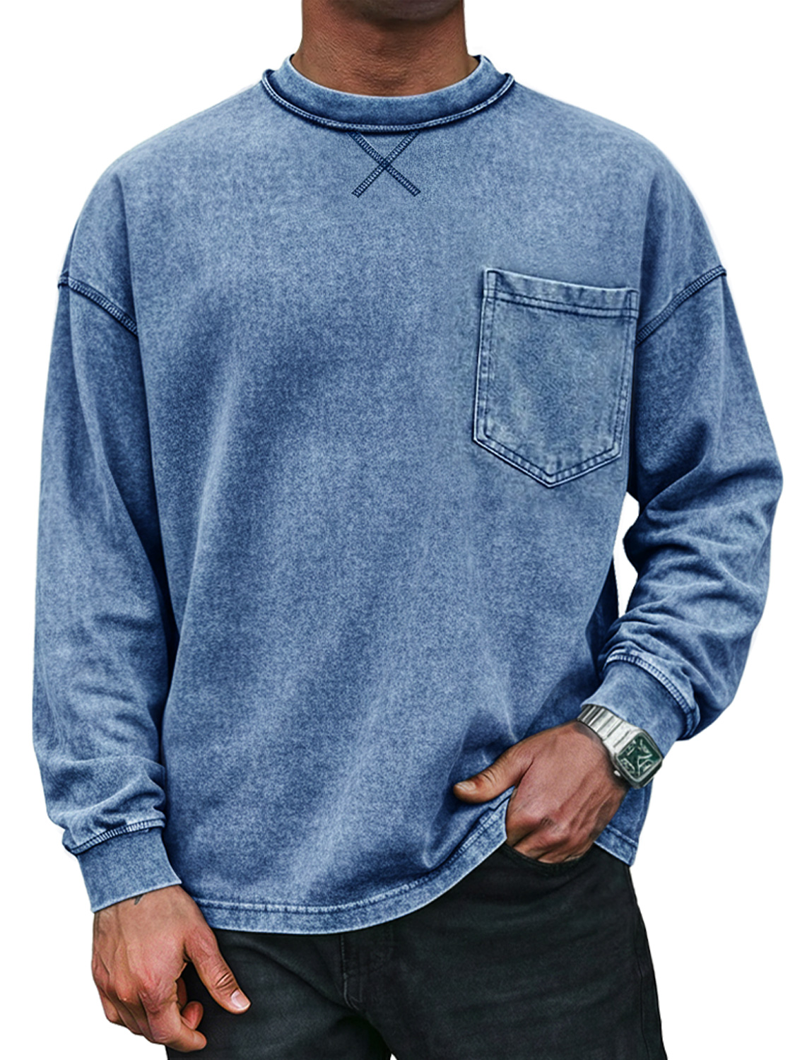 Men's Vintage Round Neck Cross-design Casual Long-sleeved T-shirt With Pockets