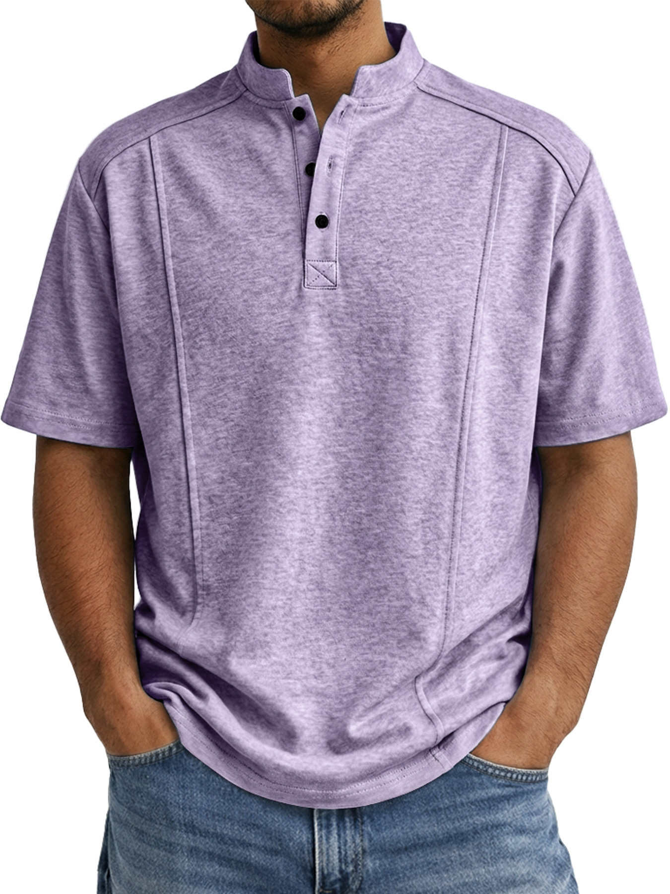 Men's Deconstructed Stand-Collar Button-Front Short-Sleeve Henley