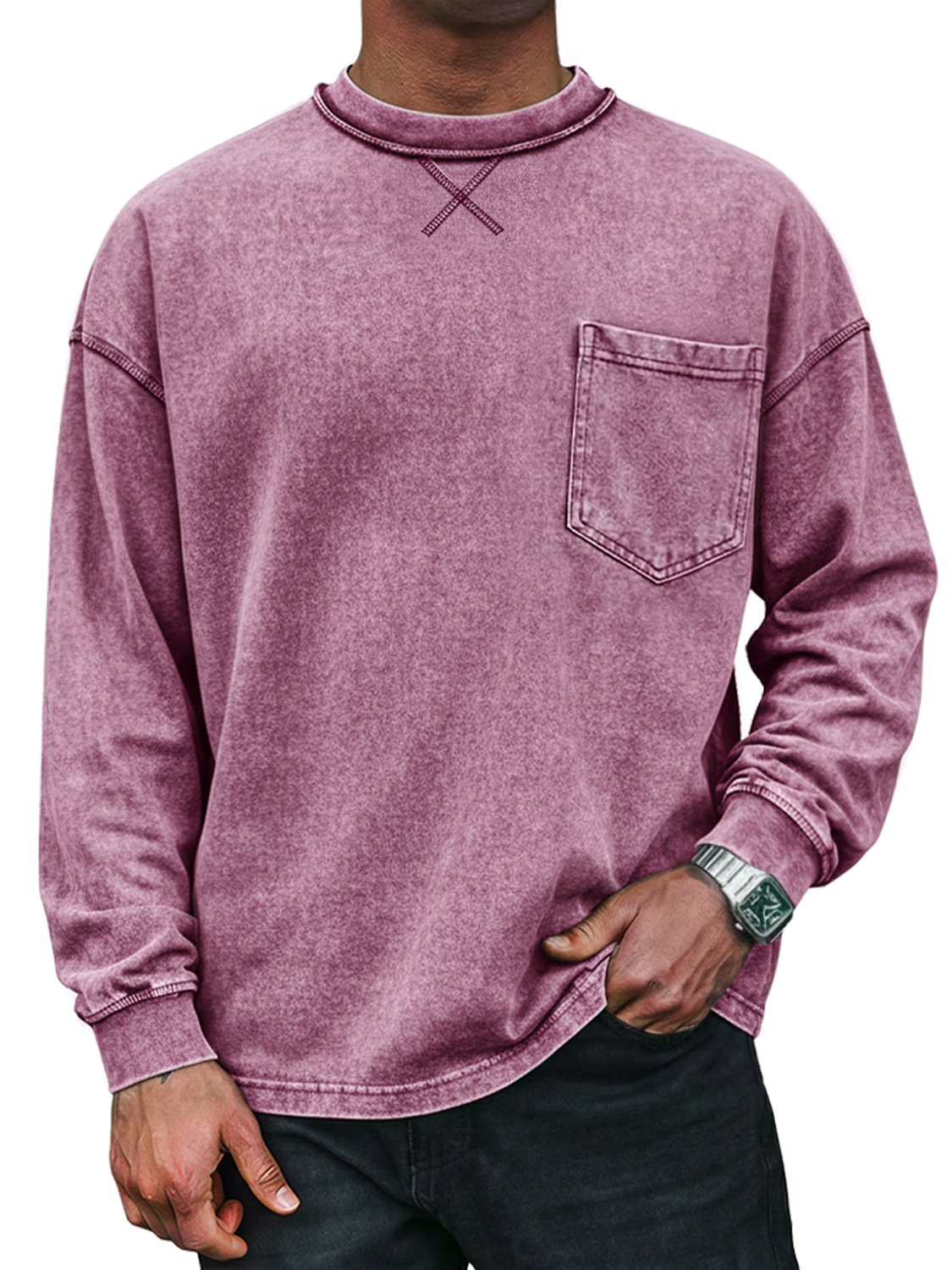 Men's Vintage Round Neck Cross-design Casual Long-sleeved T-shirt With Pockets