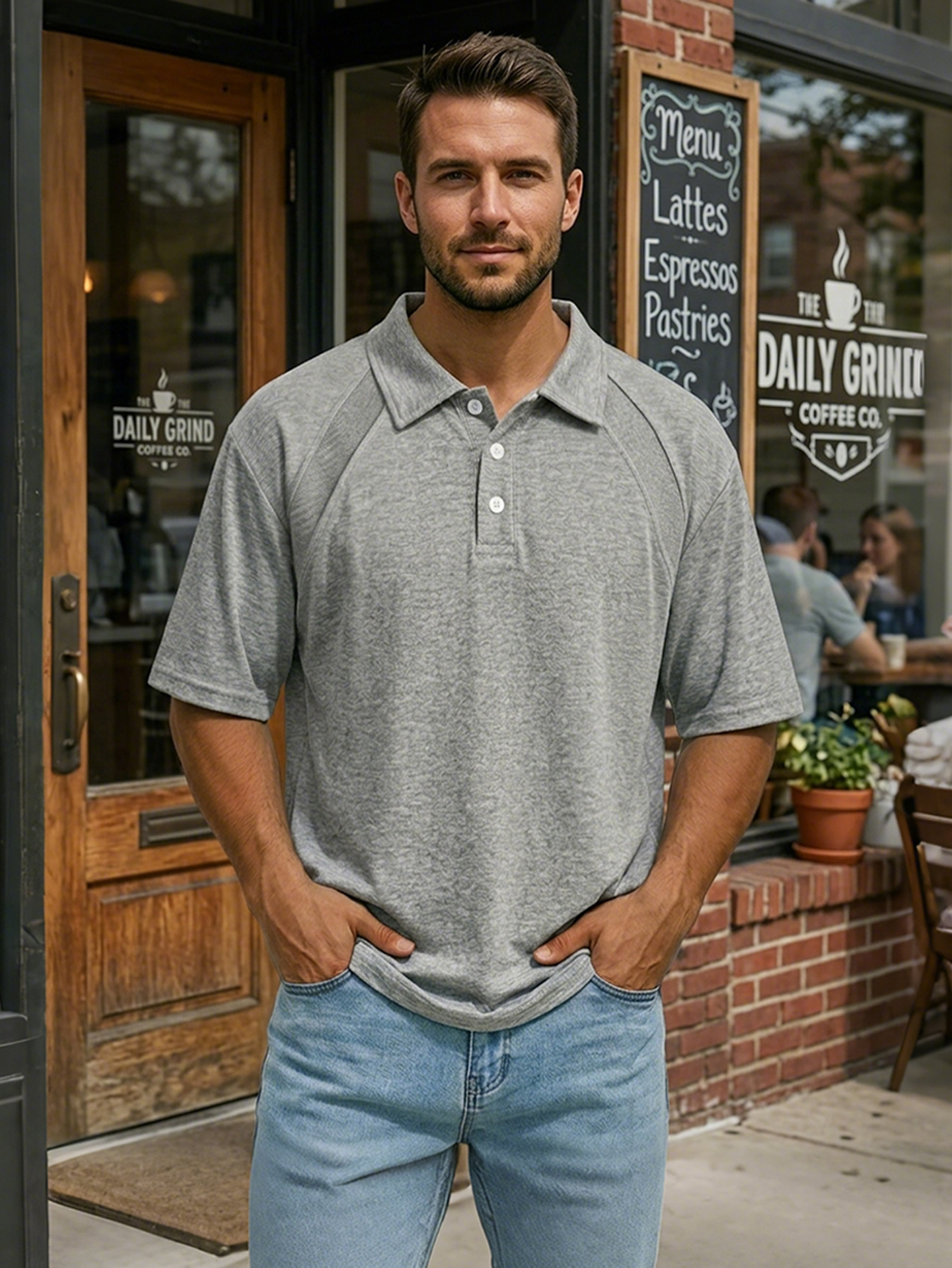 Men's Casual Raglan Polo Shirt with Turn-Down Collar and Button-Up Short Sleeve