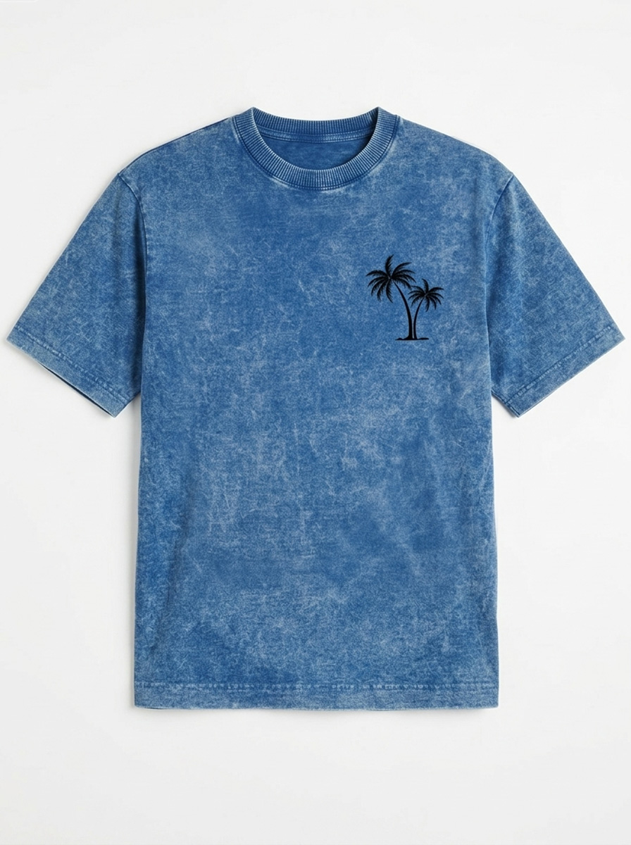 Men's 100% Cotton Retro Washed Coconut Tree Print Crew Neck Short Sleeve T-Shirt