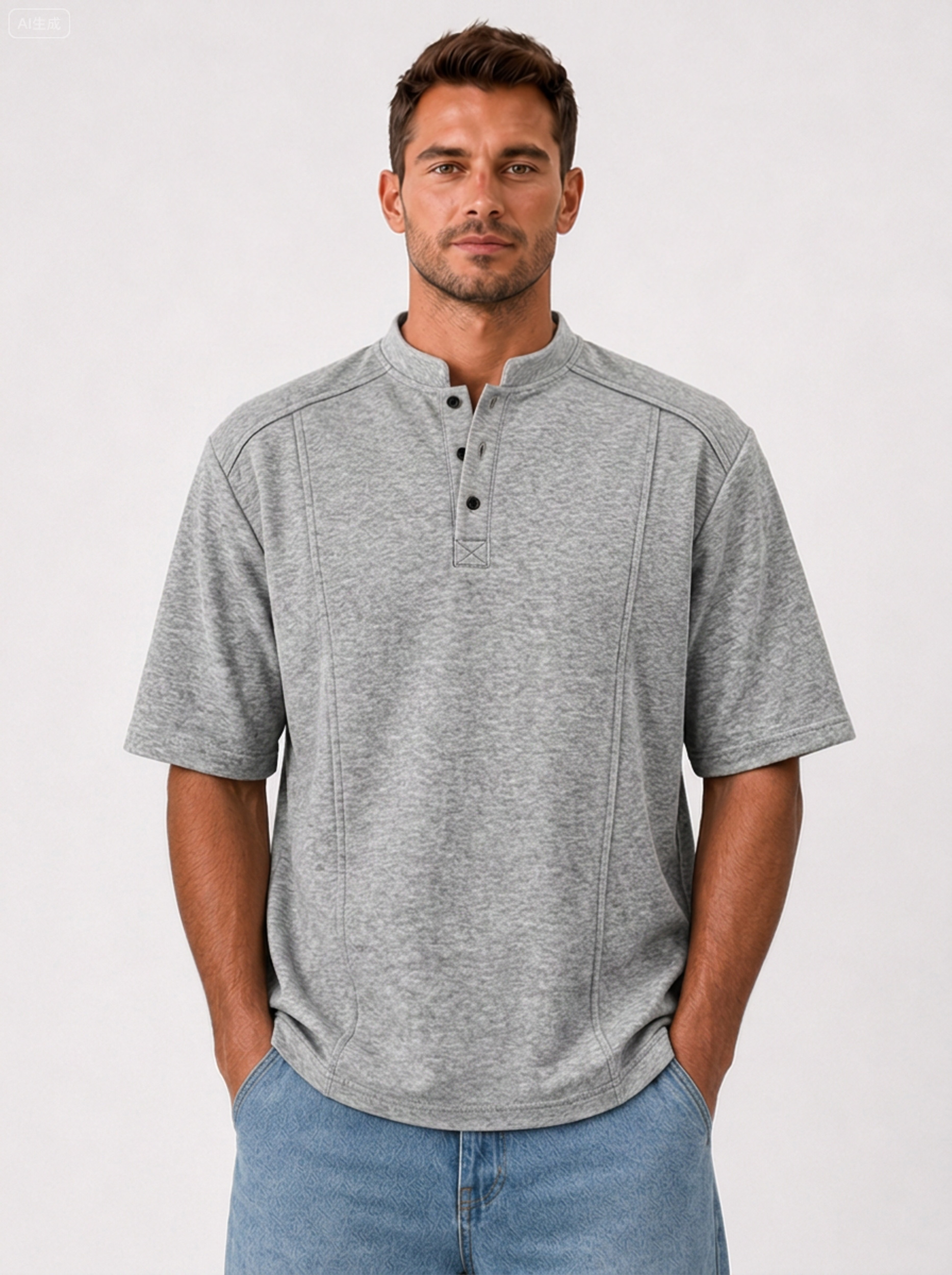 Men's Deconstructed Stand-Collar Button-Front Short-Sleeve Henley