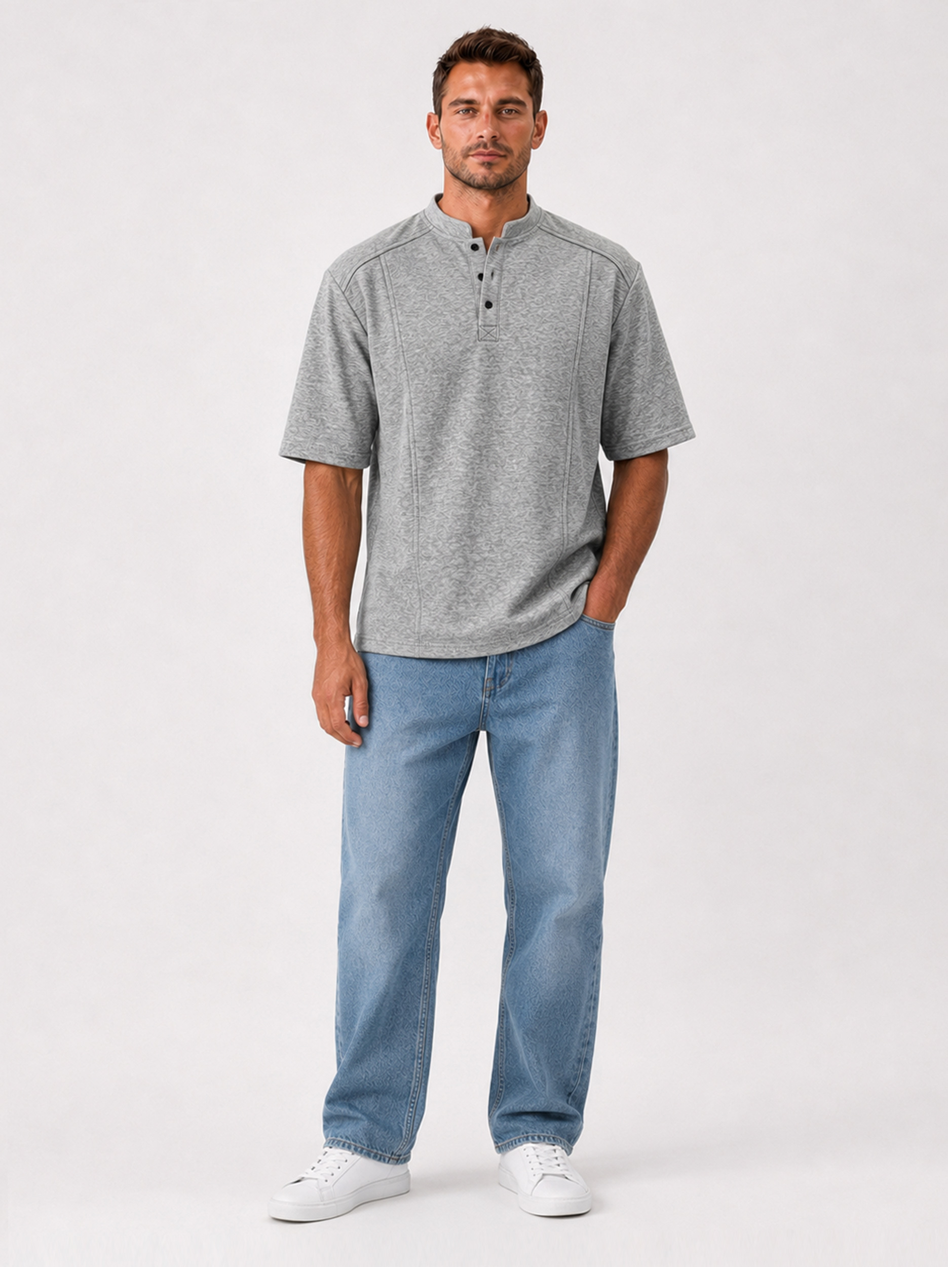 Men's Deconstructed Stand-Collar Button-Front Short-Sleeve Henley