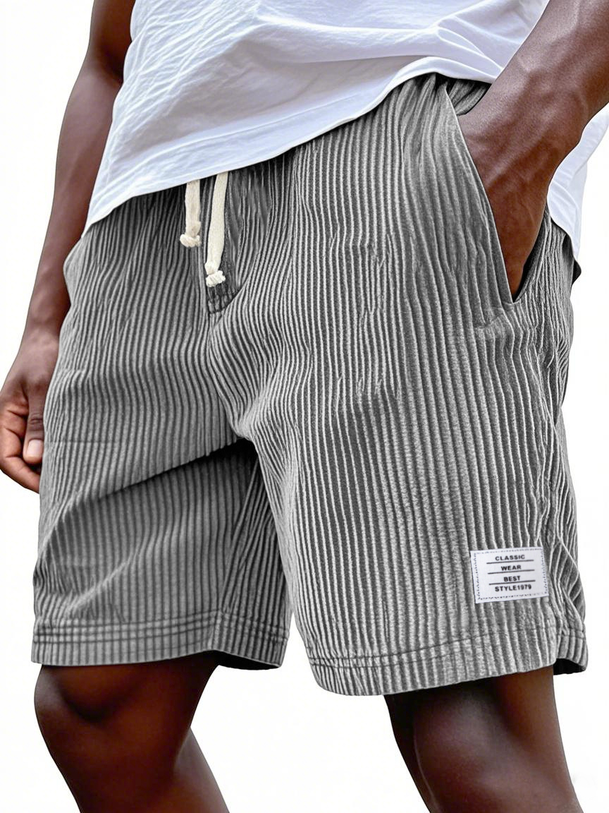 Mens Stylish Ribbed Simple Embroidered Corduroy Loose Lace-up Casual Shorts