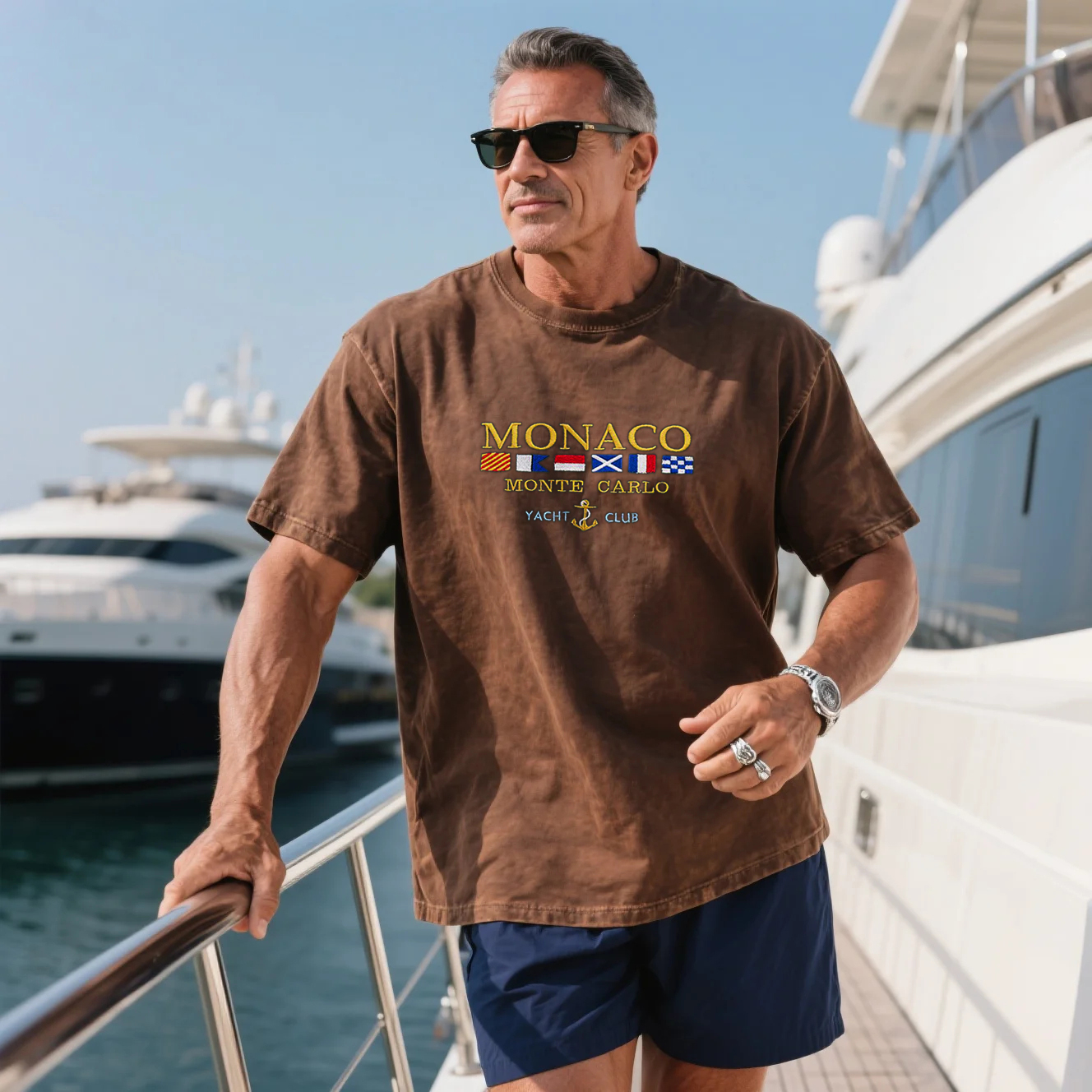 Vintage Washed Men's Loose And Comfortable Cotton Yacht Club Short-sleeved T-shirt Monaco Print Top