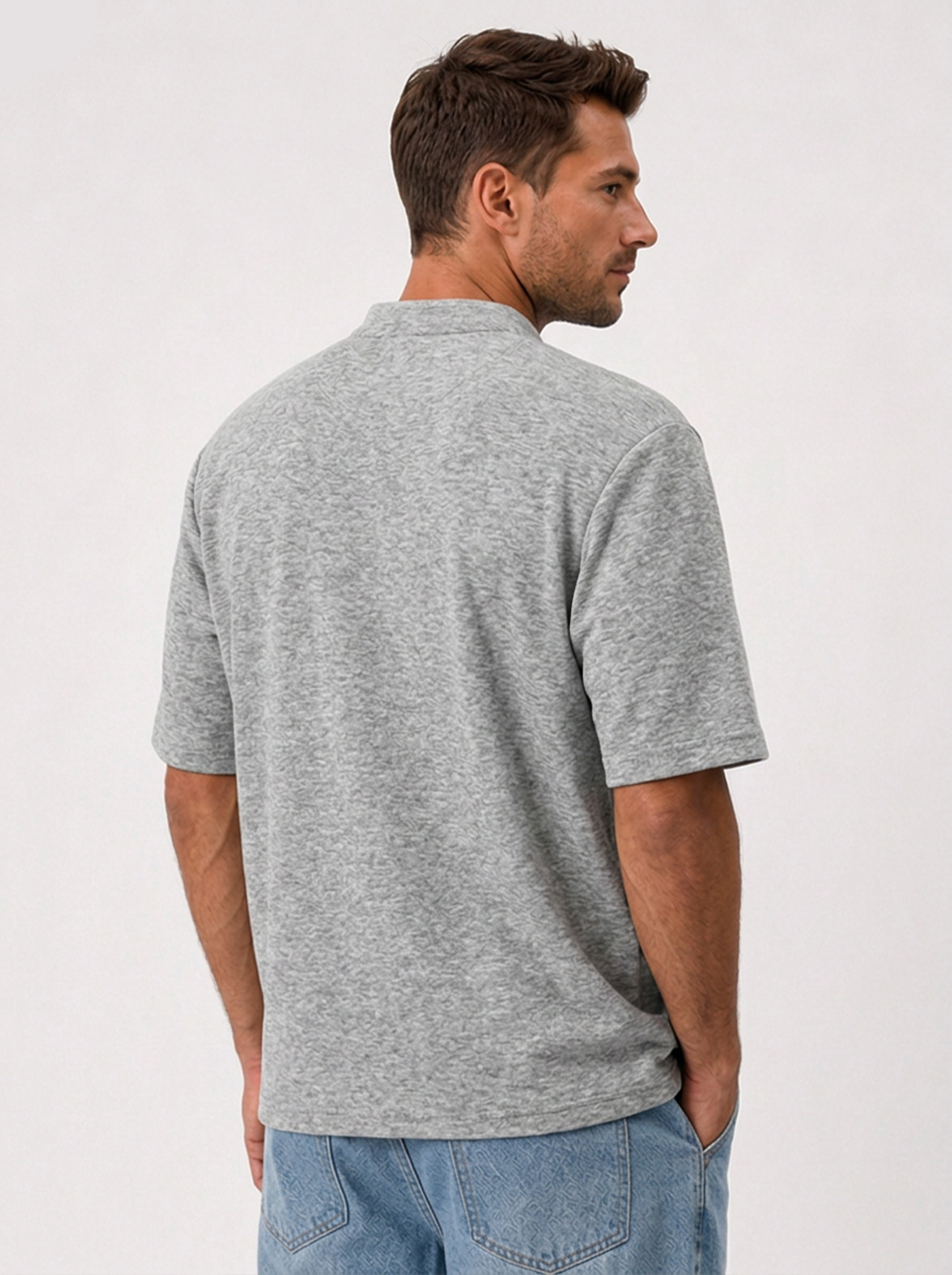 Men's Deconstructed Stand-Collar Button-Front Short-Sleeve Henley