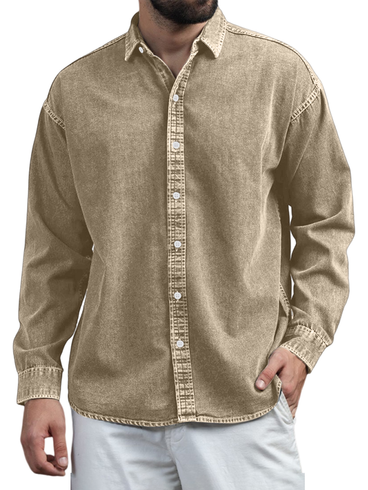 Mens Retro Casual Solid Color Lapel Long Sleeve Shirt