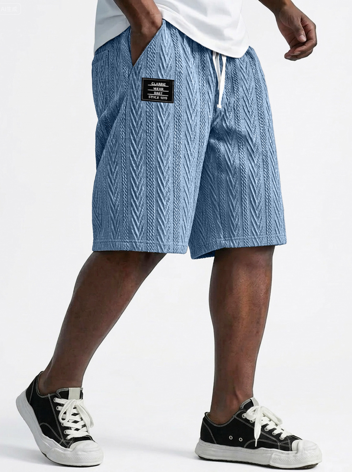 Men's Casual Textured Embroidered Logo Elastic Waist Solid Color Shorts