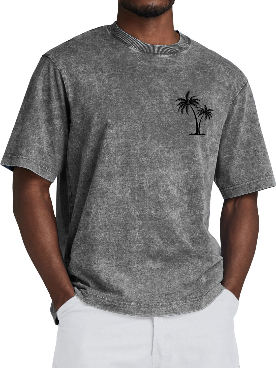 Men's 100% Cotton Retro Washed Coconut Tree Print Crew Neck Short Sleeve T-Shirt