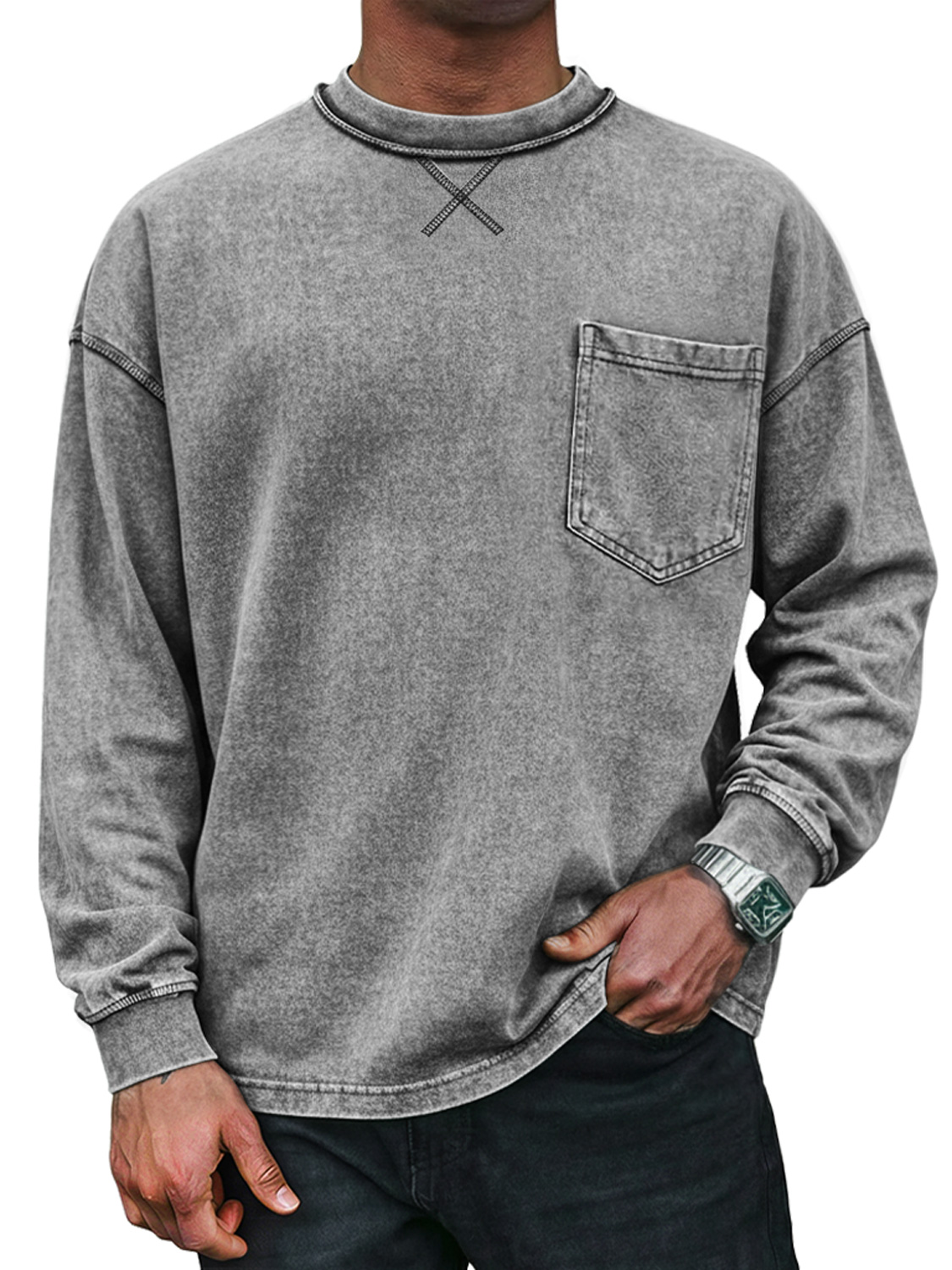 Men's Vintage Round Neck Cross-design Casual Long-sleeved T-shirt With Pockets