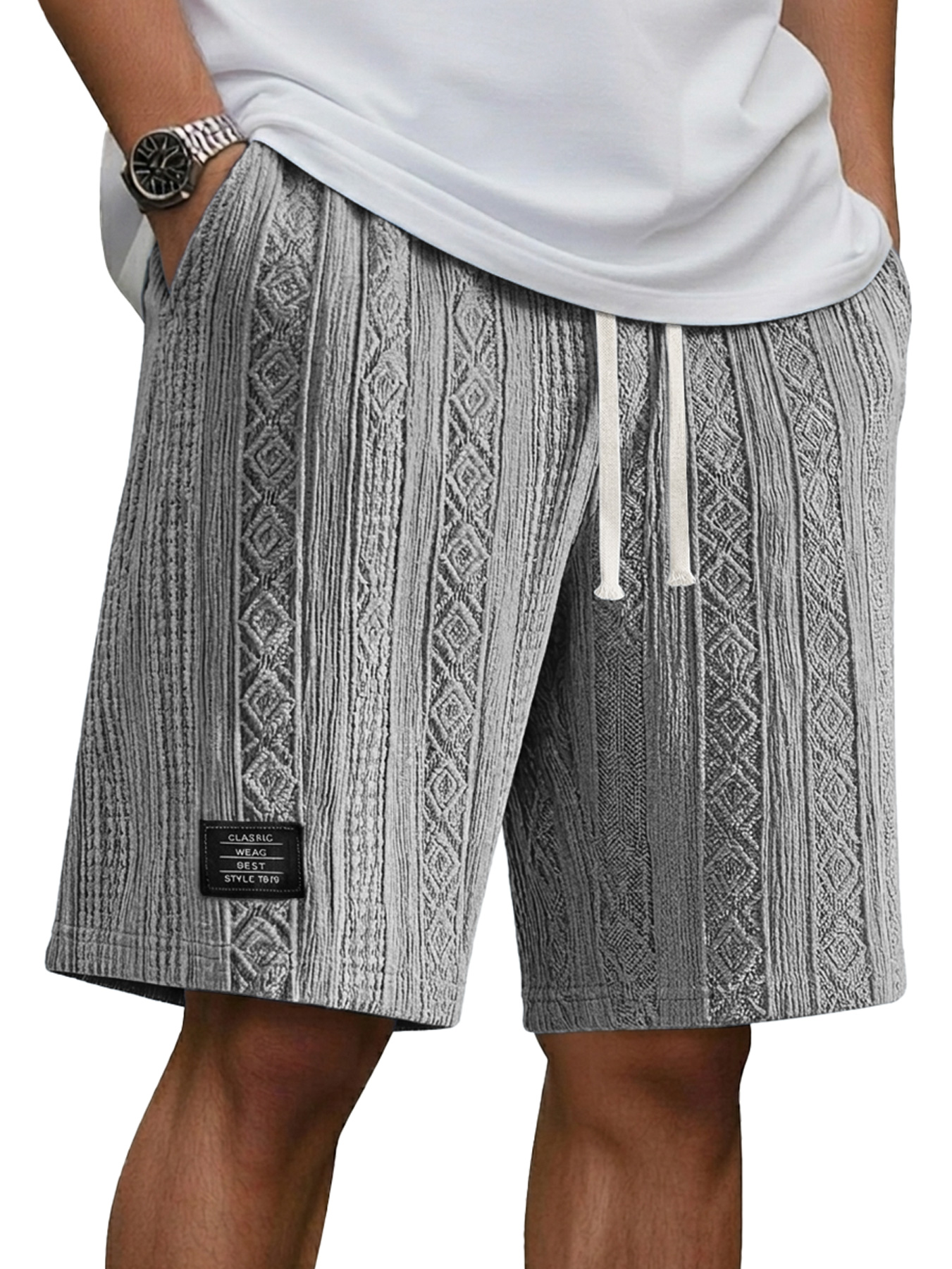 Men's Jacquard Casual Embroidered Logo Elastic Waist Solid Color Shorts