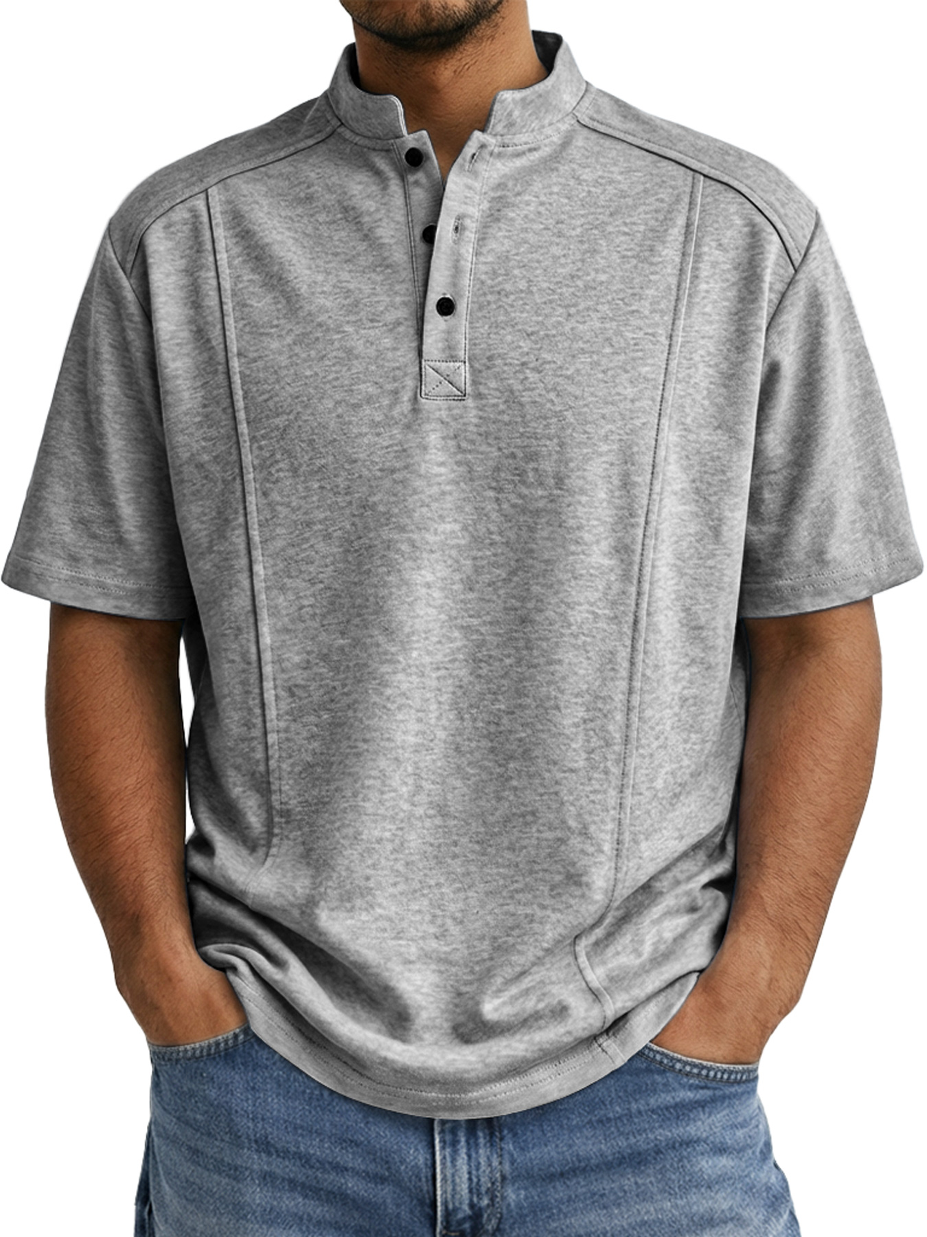 Men's Deconstructed Stand-Collar Button-Front Short-Sleeve Henley