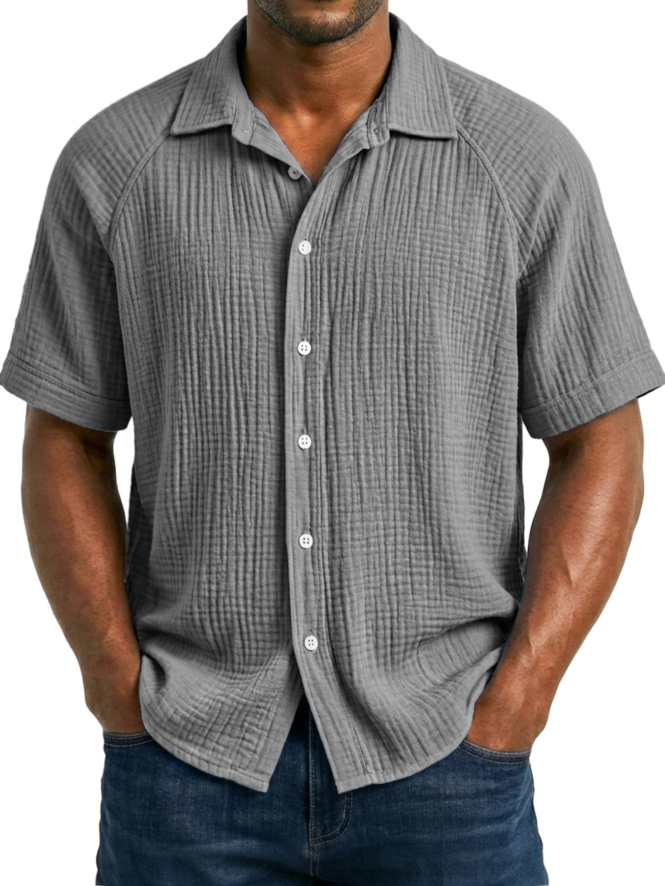 Men's Casual Raglan Solid Color Comfortable Short-Sleeve Shirt