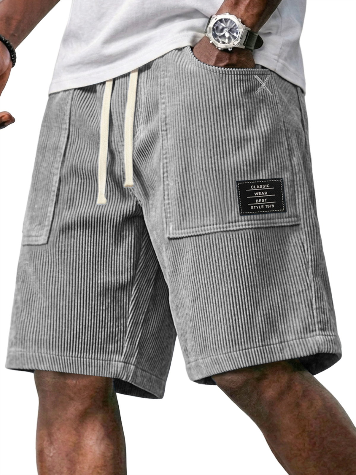 Men's Retro Corduroy Patch Pocket Embroidered Logo Elastic Waist Casual Shorts