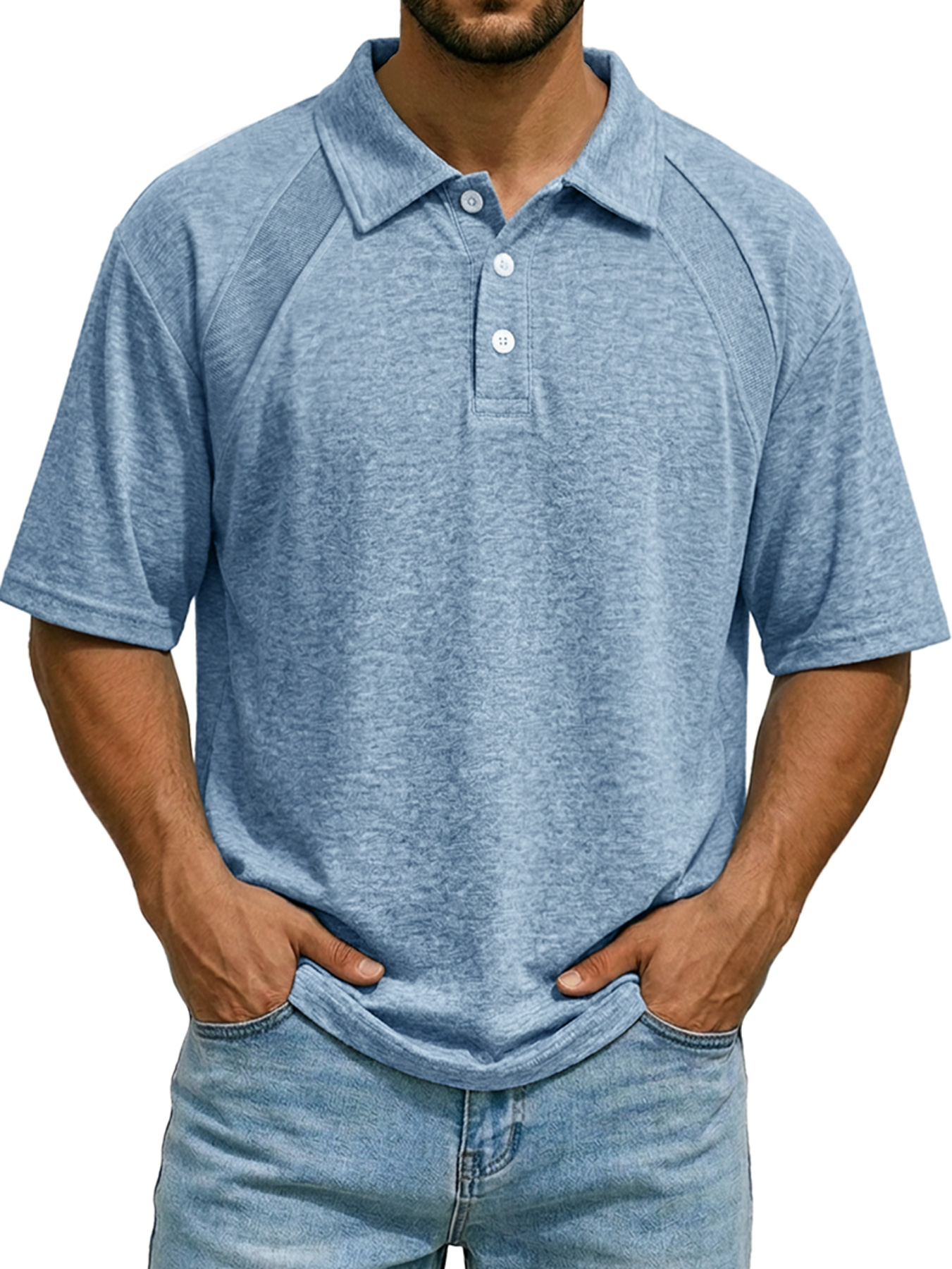 Men's Casual Raglan Polo Shirt with Turn-Down Collar and Button-Up Short Sleeve