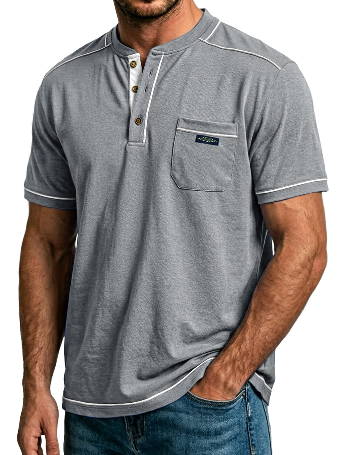 Men's Everyday Pocket Embroidered Label Casual Short-sleeved Henley Shirt
