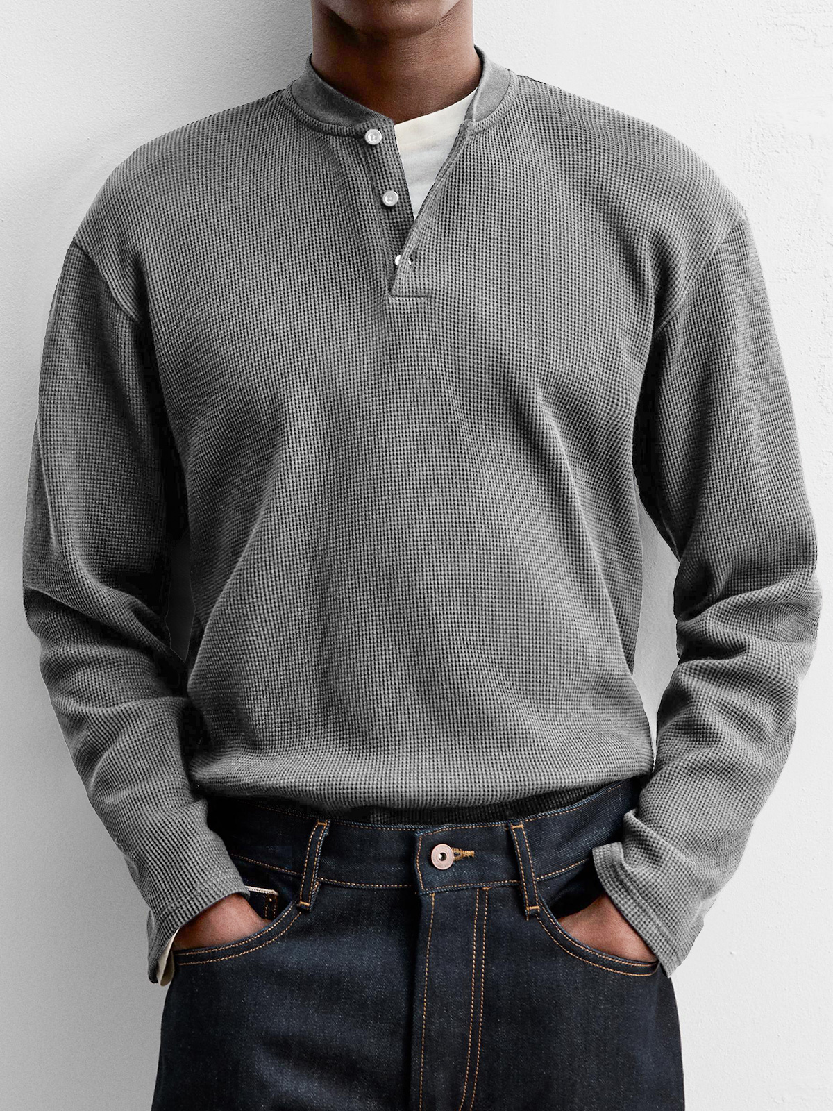 Men's Vintage Waffle Knit Henley Shirt – Soft Comfortable Everyday Pullover