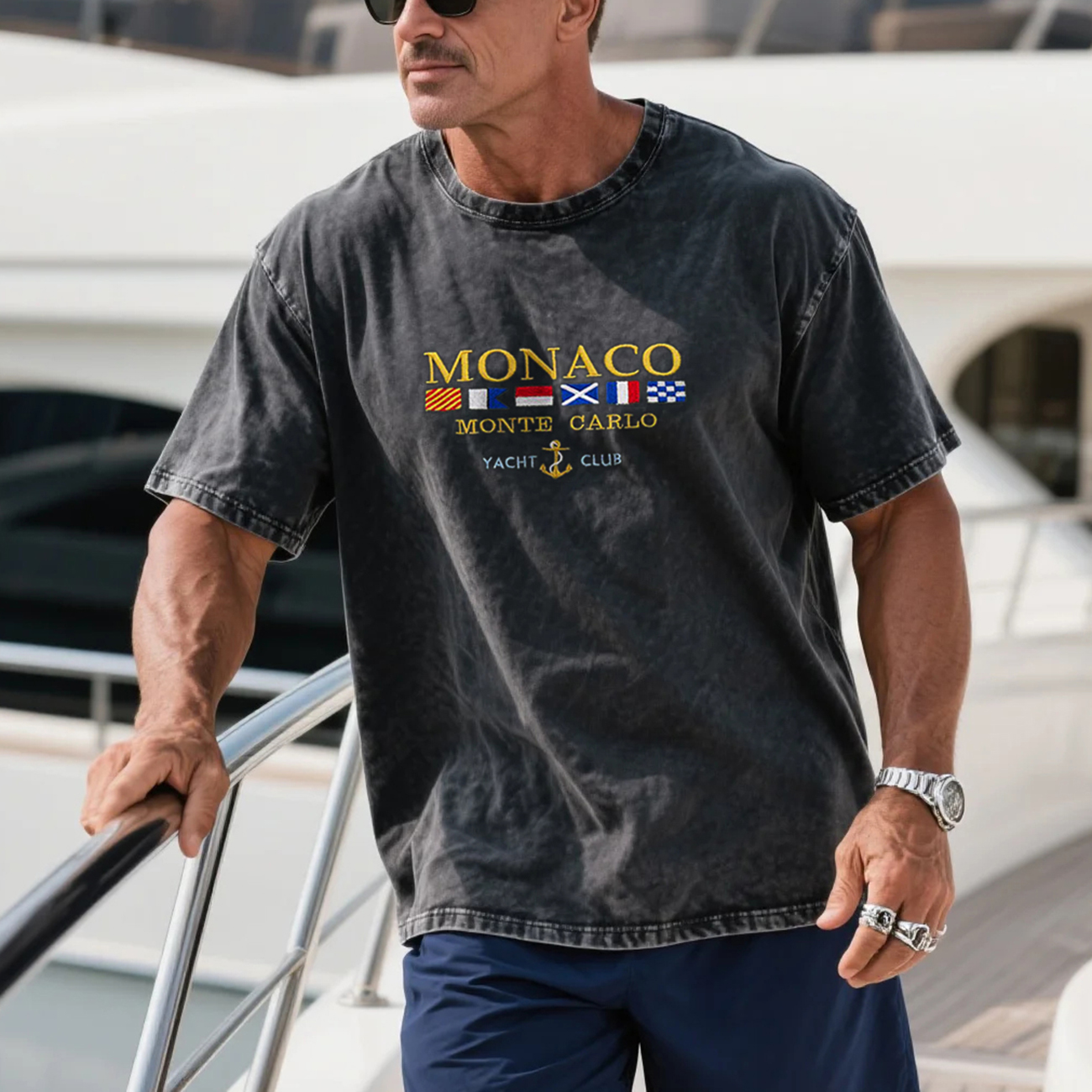 Vintage Washed Men's Loose And Comfortable Cotton Yacht Club Short-sleeved T-shirt Monaco Print Top
