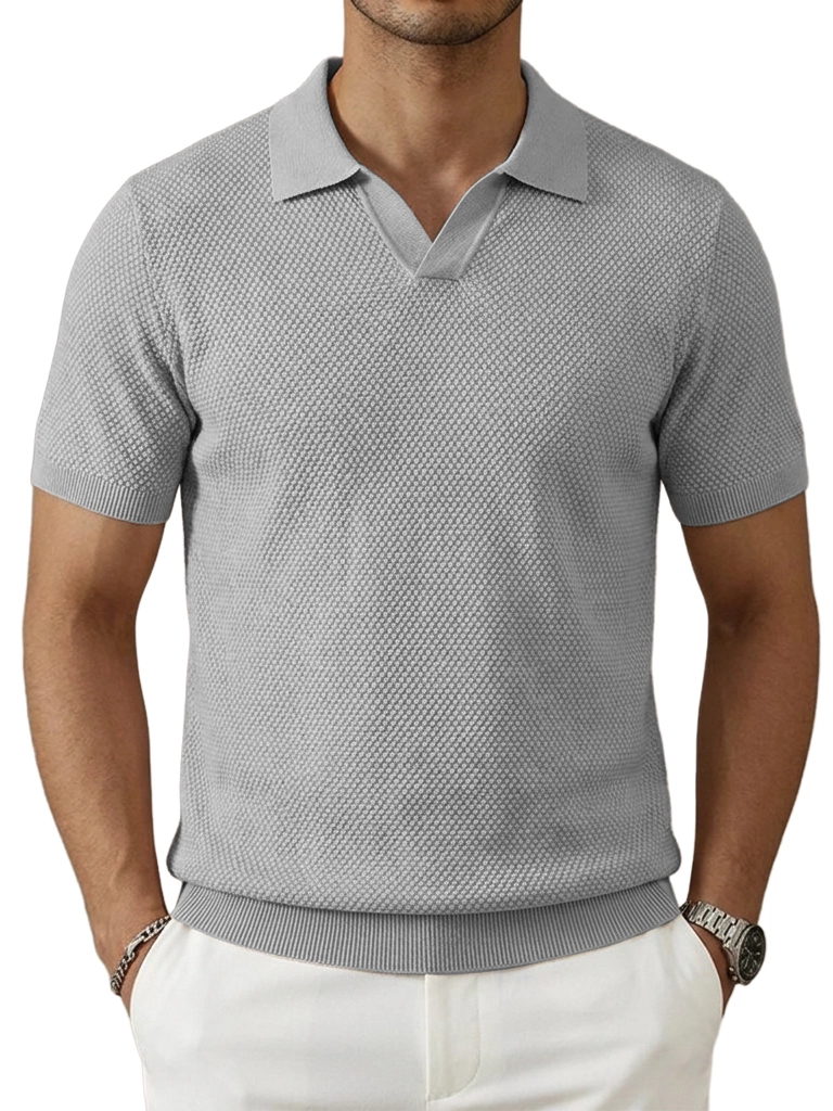 Men's Textured Knit Open-Collar Polo Shirt – Breathable Summer Short Sleeve Tee