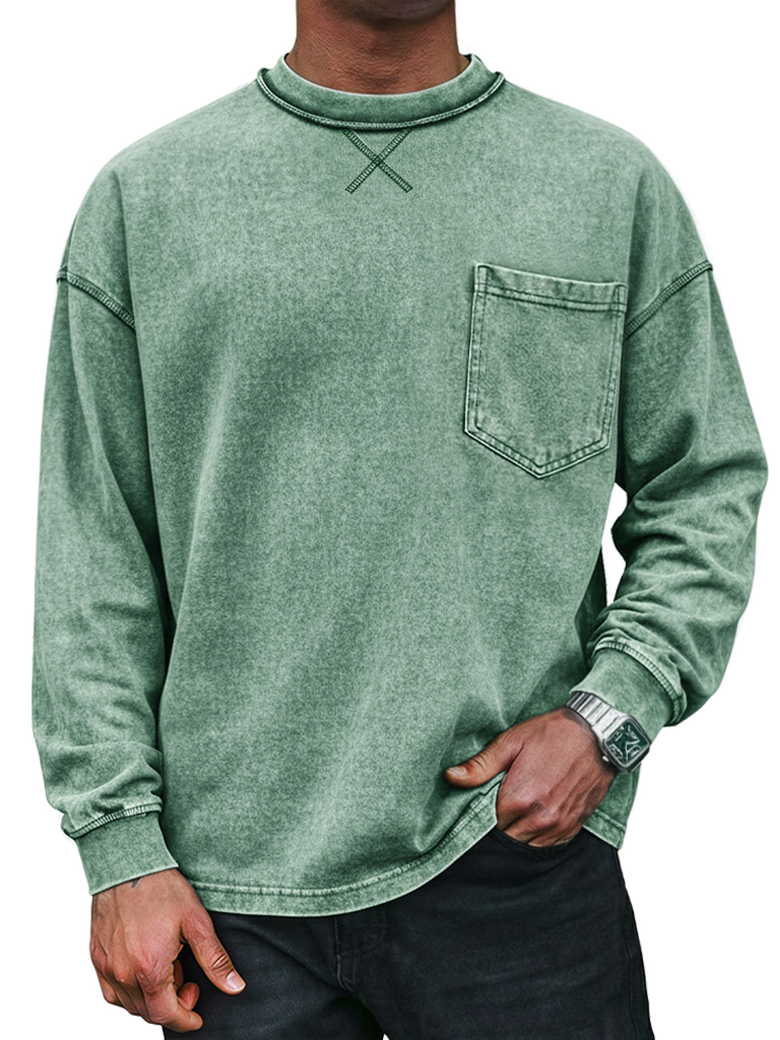 Men's Vintage Round Neck Cross-design Casual Long-sleeved T-shirt With Pockets