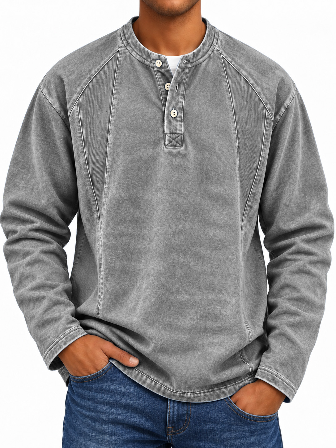 Men's Long-Sleeve Henley Shirt with Stand Collar