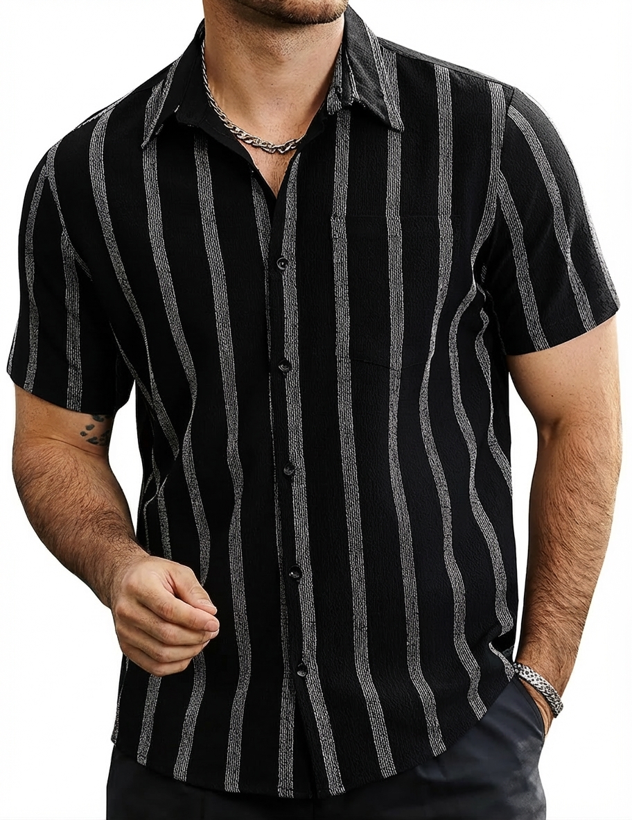 Men's Cotton-Linen Striped Casual Short-Sleeve Shirt