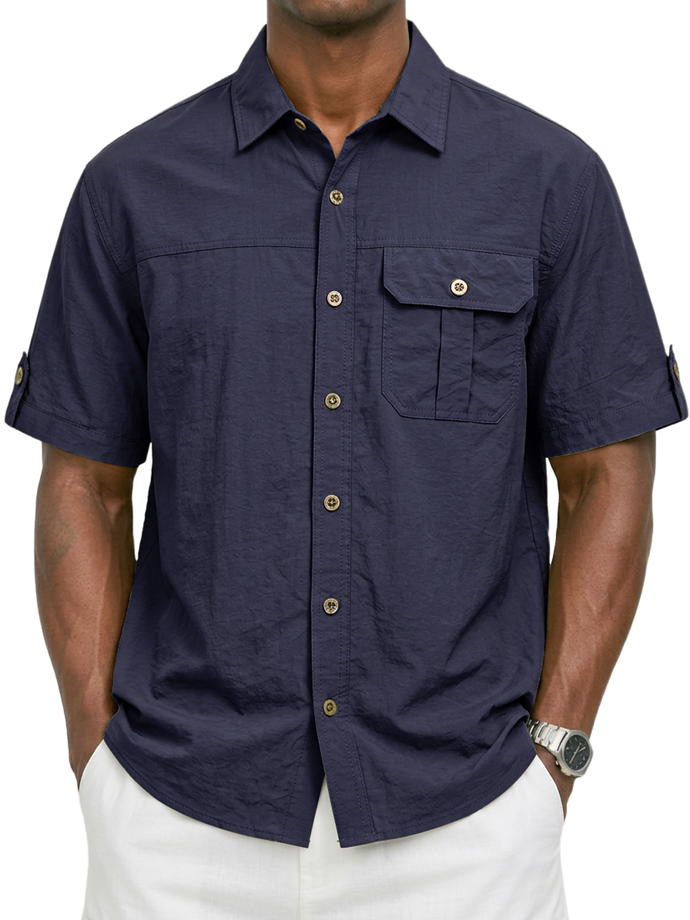 Men's Casual Breathable Collared Pocket Work Short-Sleeve Shirt