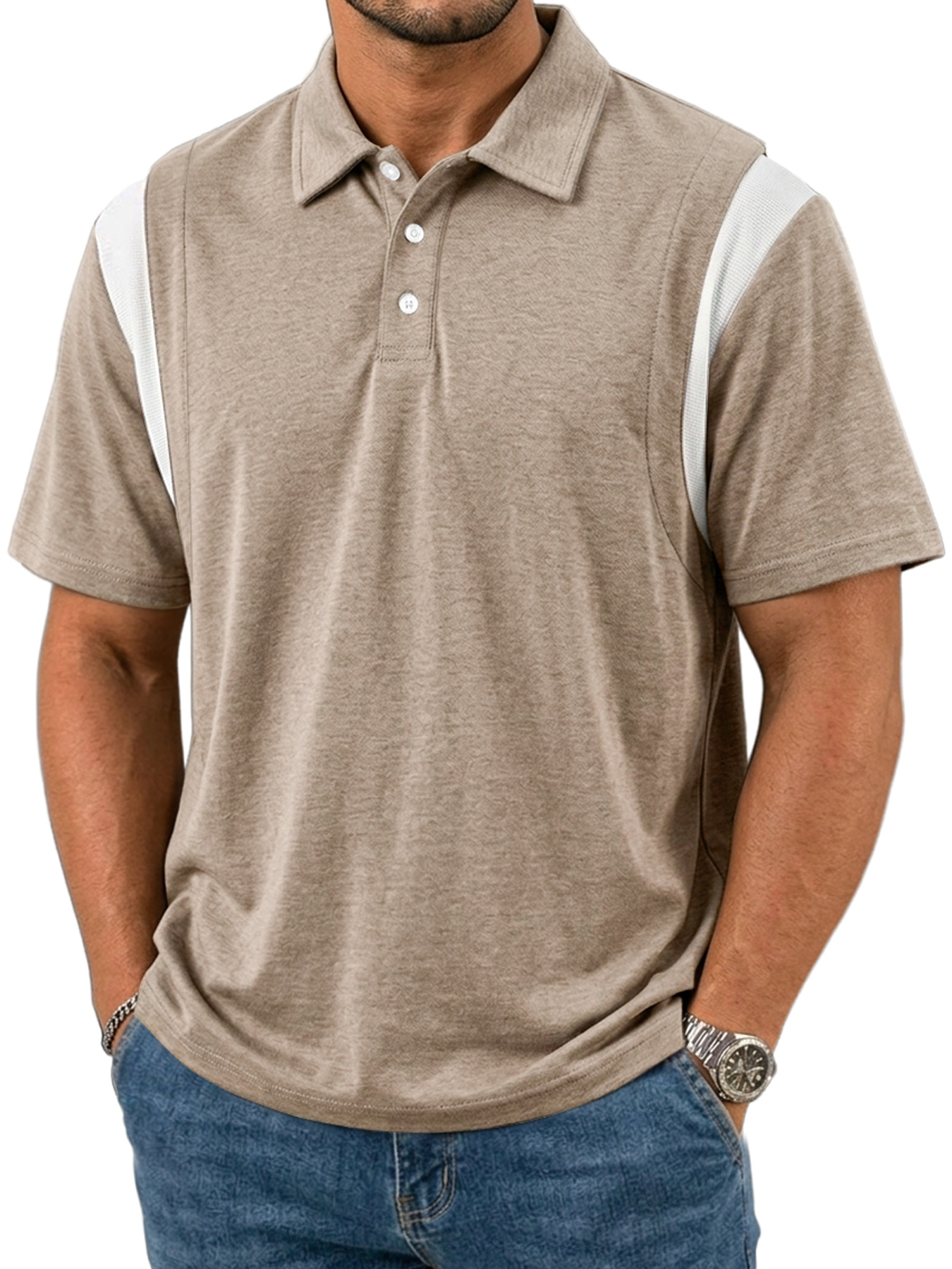 Men's Patchwork Design Collared Button Casual Short-sleeved Polo Shirt
