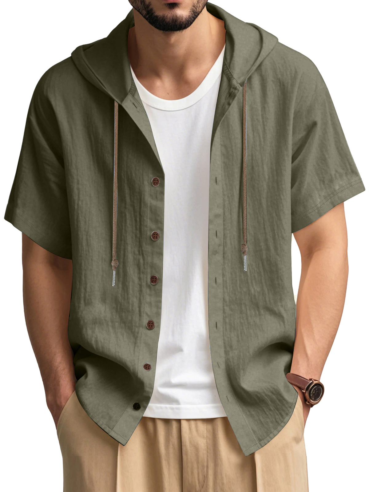 Men's Casual Cotton Hooded Button Short Sleeve Cardigan