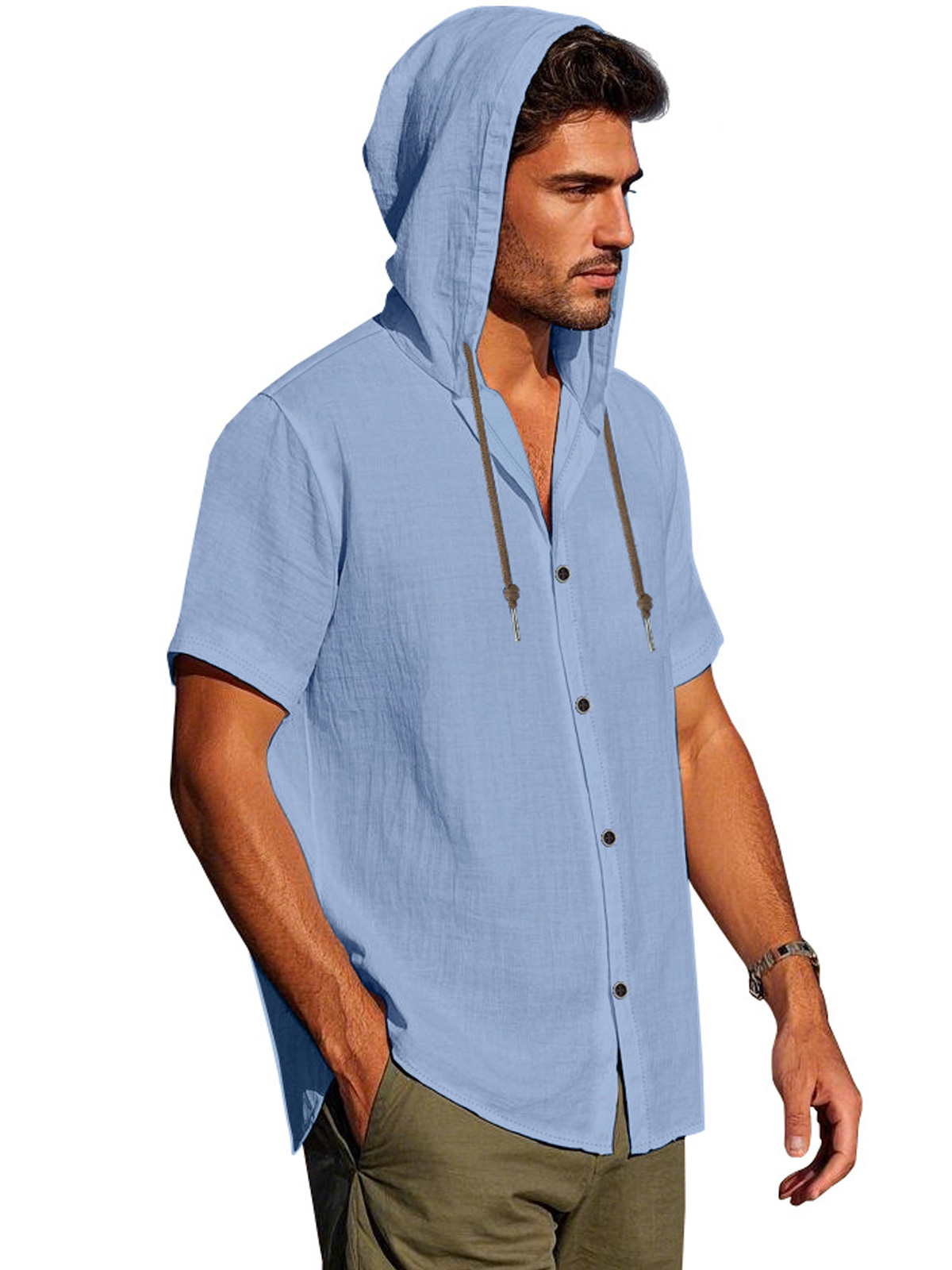 Men's Casual Cotton Hooded Button Short Sleeve Cardigan